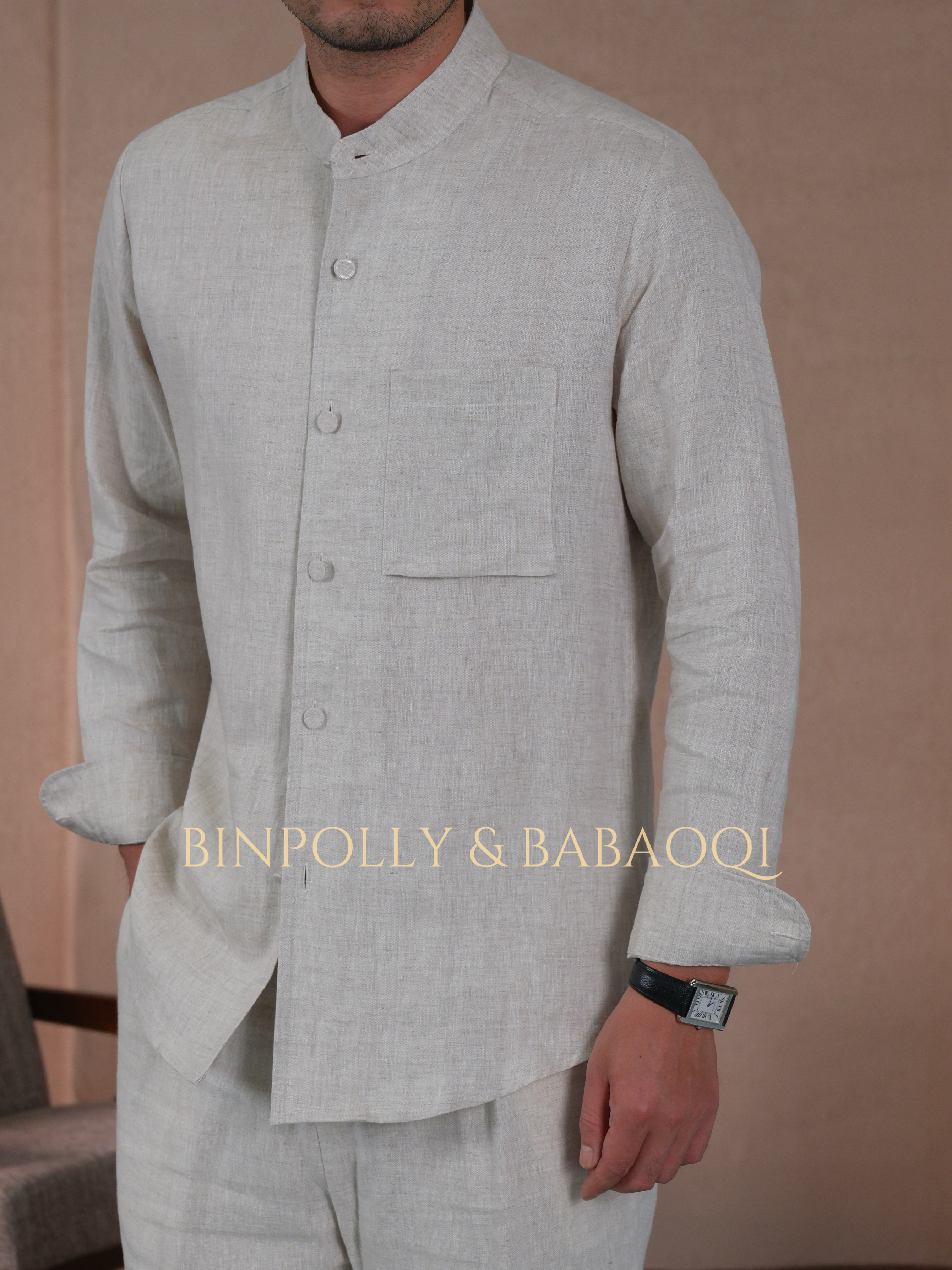 BABAOQI - Pure Linen Mandarin Collar Long Sleeve Shirt, Casual Stand Collar Button Up Top