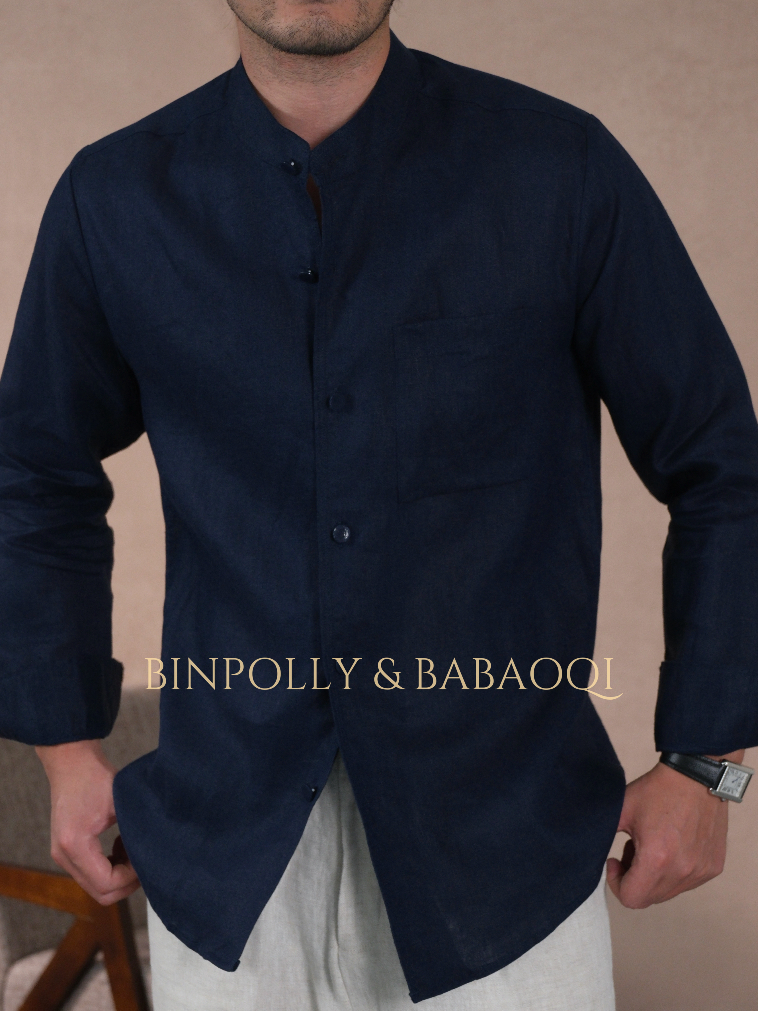 BABAOQI - Pure Linen Mandarin Collar Long Sleeve Shirt, Casual Stand Collar Button Up Top