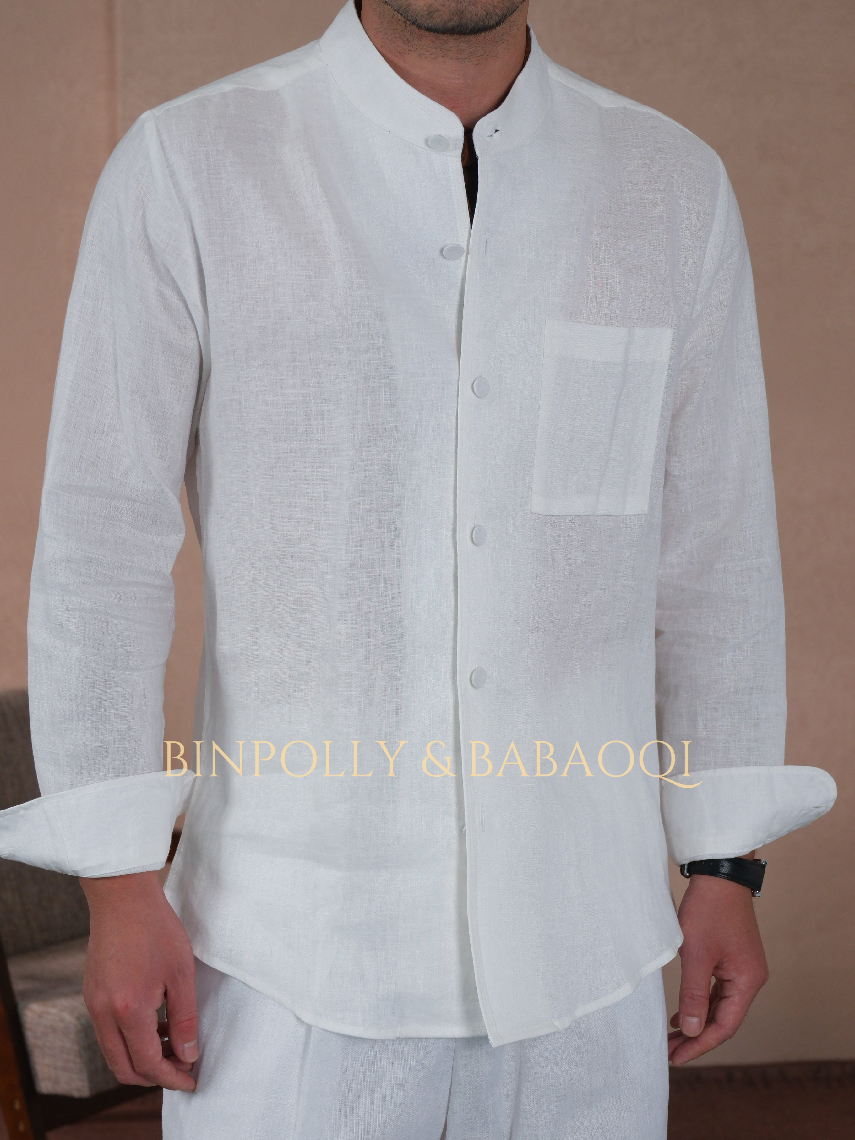 BABAOQI - Pure Linen Mandarin Collar Long Sleeve Shirt, Casual Stand Collar Button Up Top