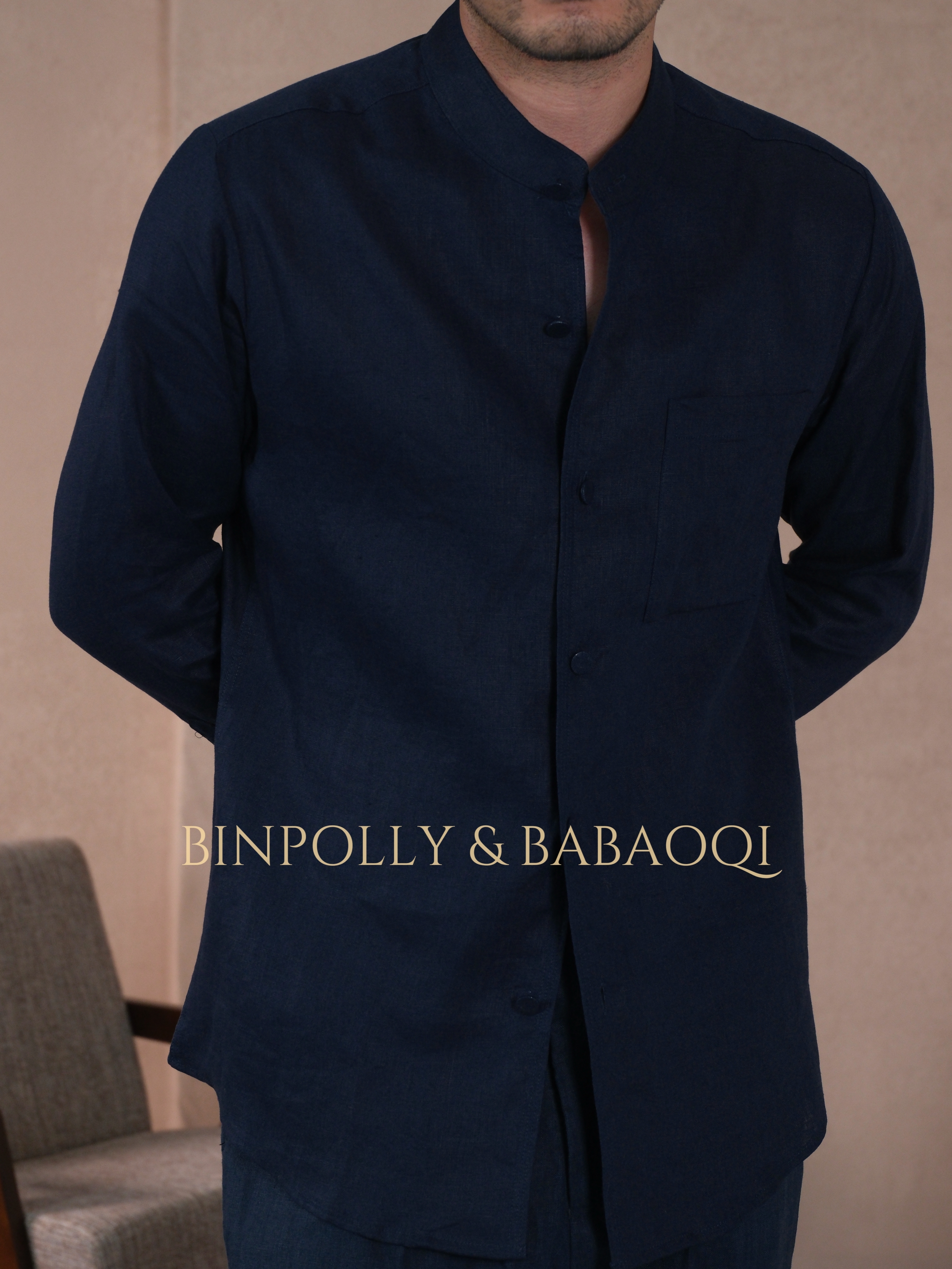 BABAOQI - Pure Linen Mandarin Collar Long Sleeve Shirt, Casual Stand Collar Button Up Top