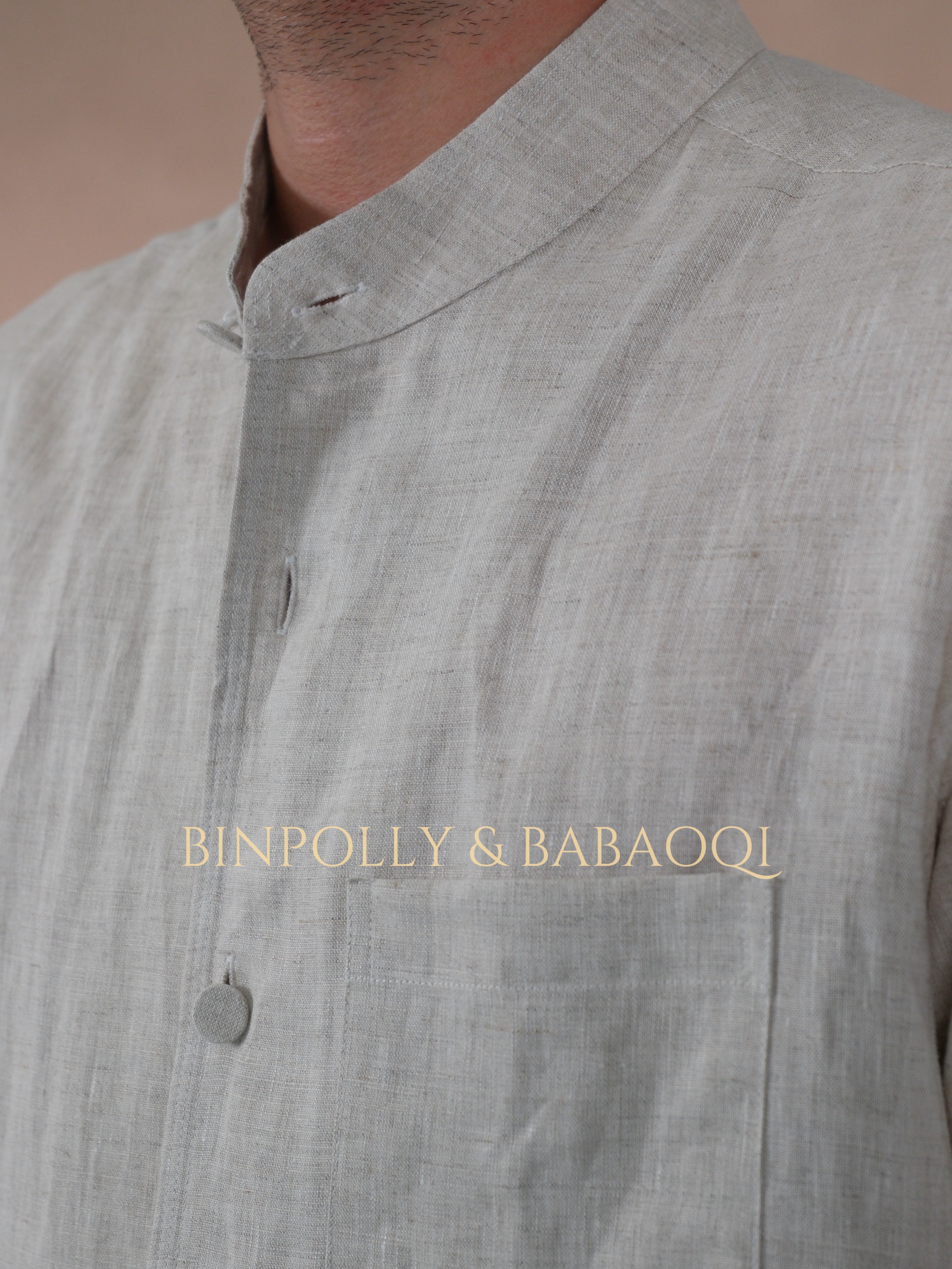 BABAOQI - Pure Linen Mandarin Collar Long Sleeve Shirt, Casual Stand Collar Button Up Top
