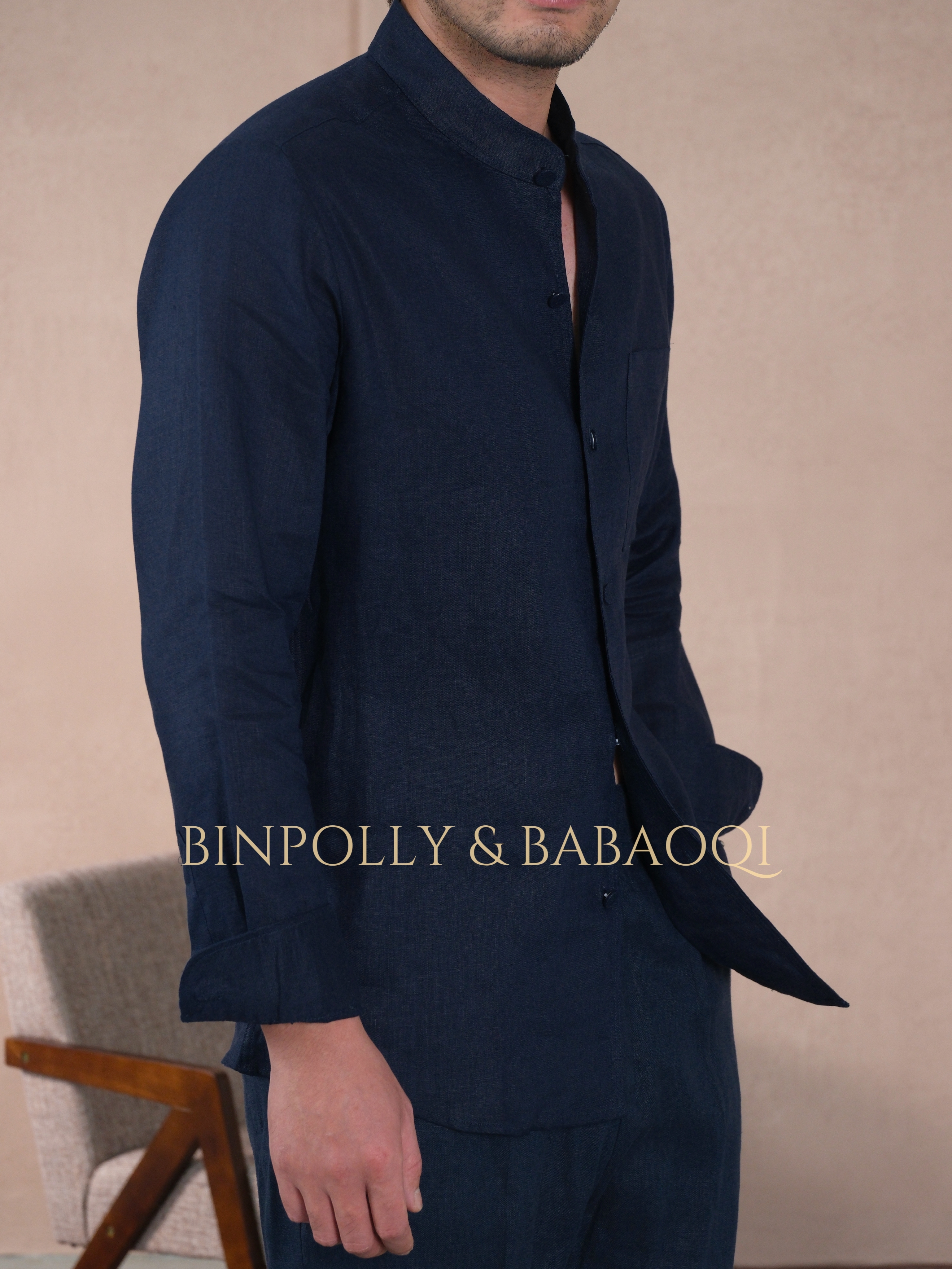 BABAOQI - Pure Linen Mandarin Collar Long Sleeve Shirt, Casual Stand Collar Button Up Top