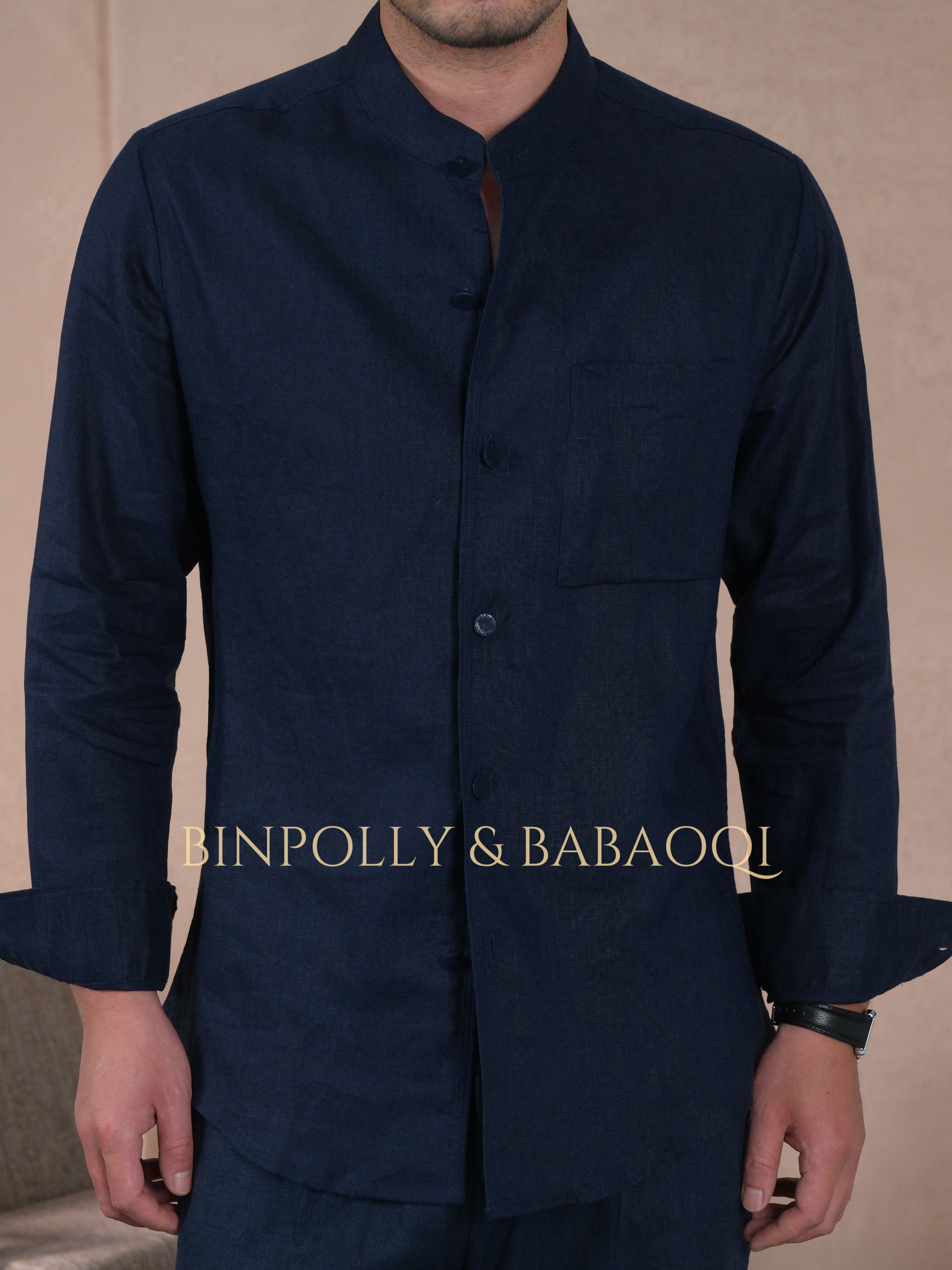 BABAOQI - Pure Linen Mandarin Collar Long Sleeve Shirt, Casual Stand Collar Button Up Top