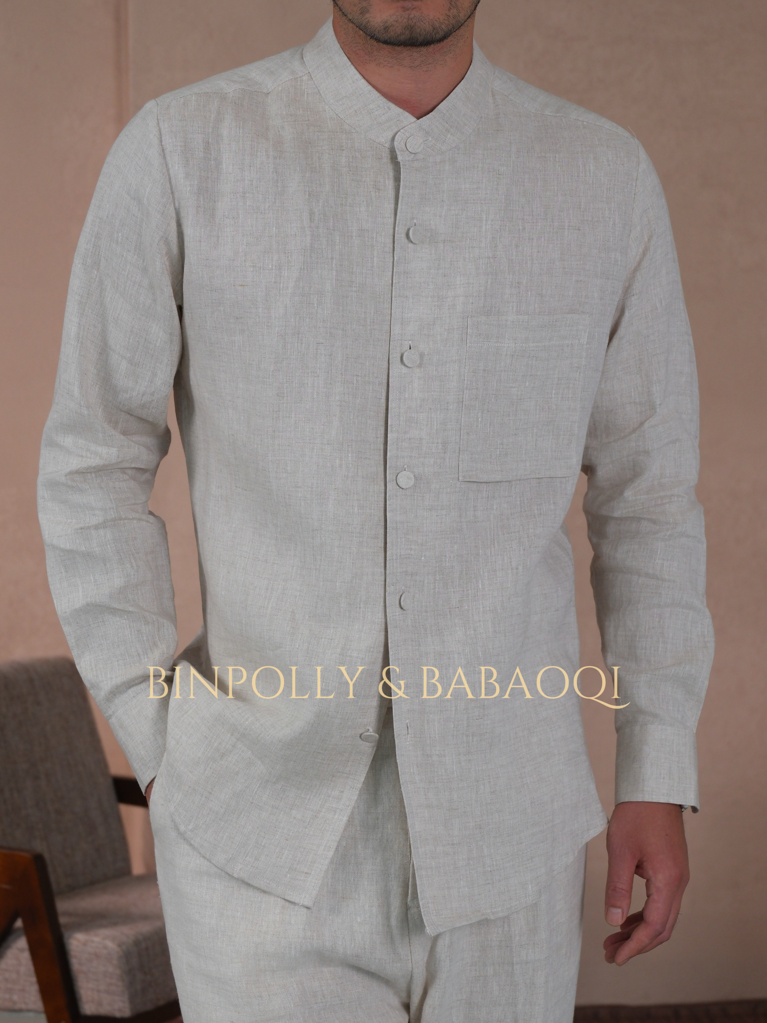 BABAOQI - Pure Linen Mandarin Collar Long Sleeve Shirt, Casual Stand Collar Button Up Top