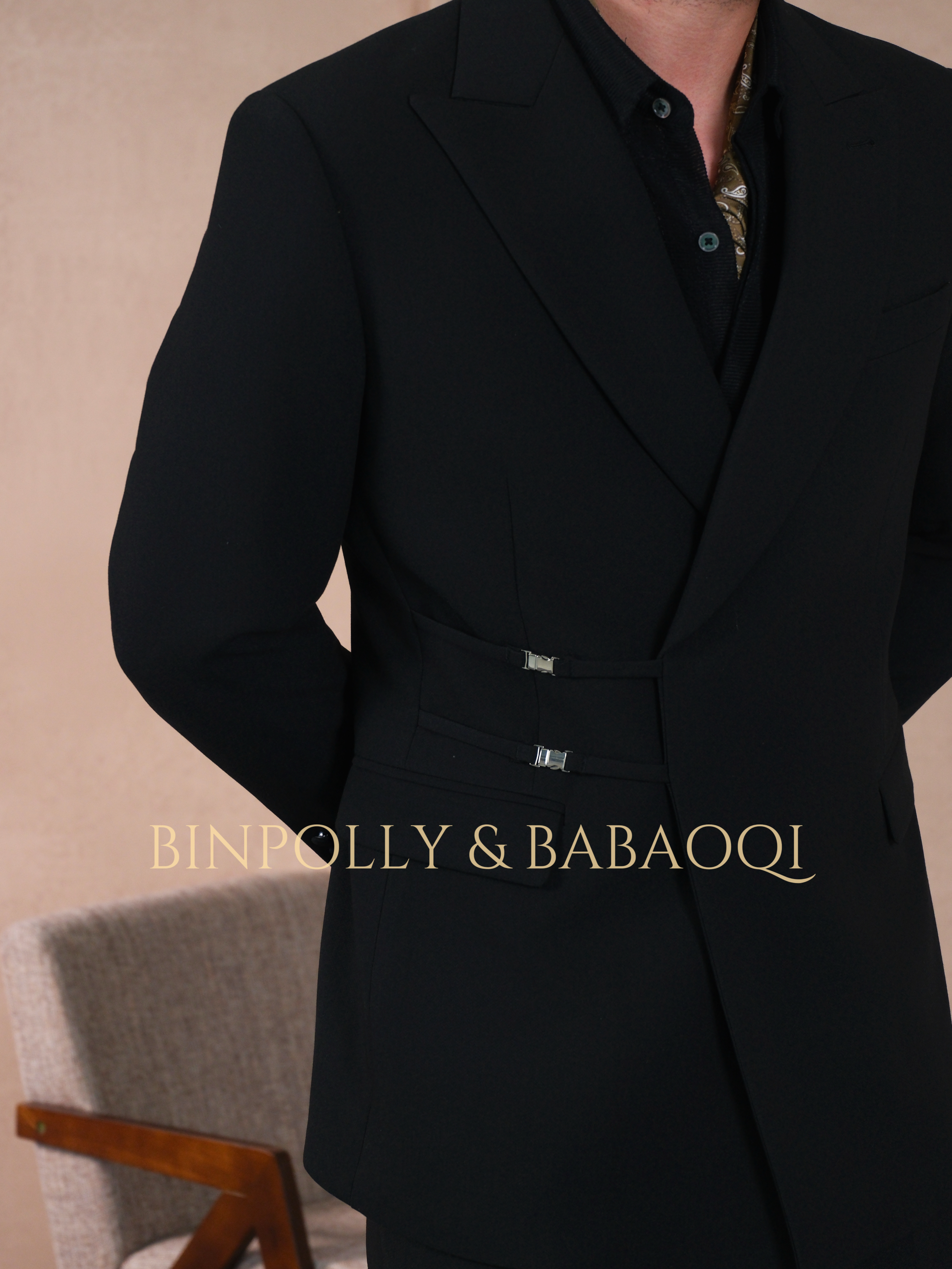 BABAOQI - Men's Custom Waist Buckle Design Black Formal suit set