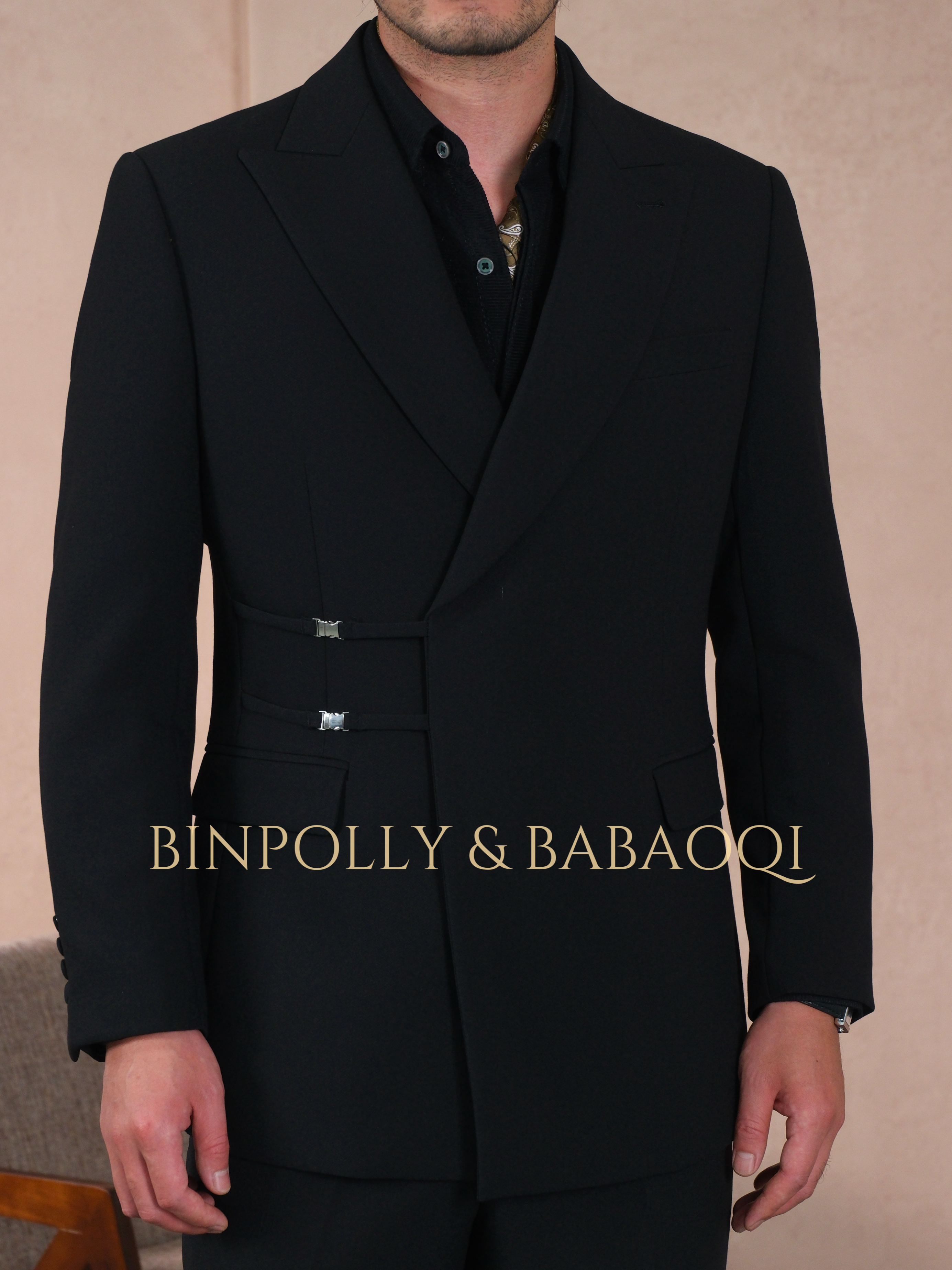 BABAOQI - Men's Custom Waist Buckle Design Black Formal suit set