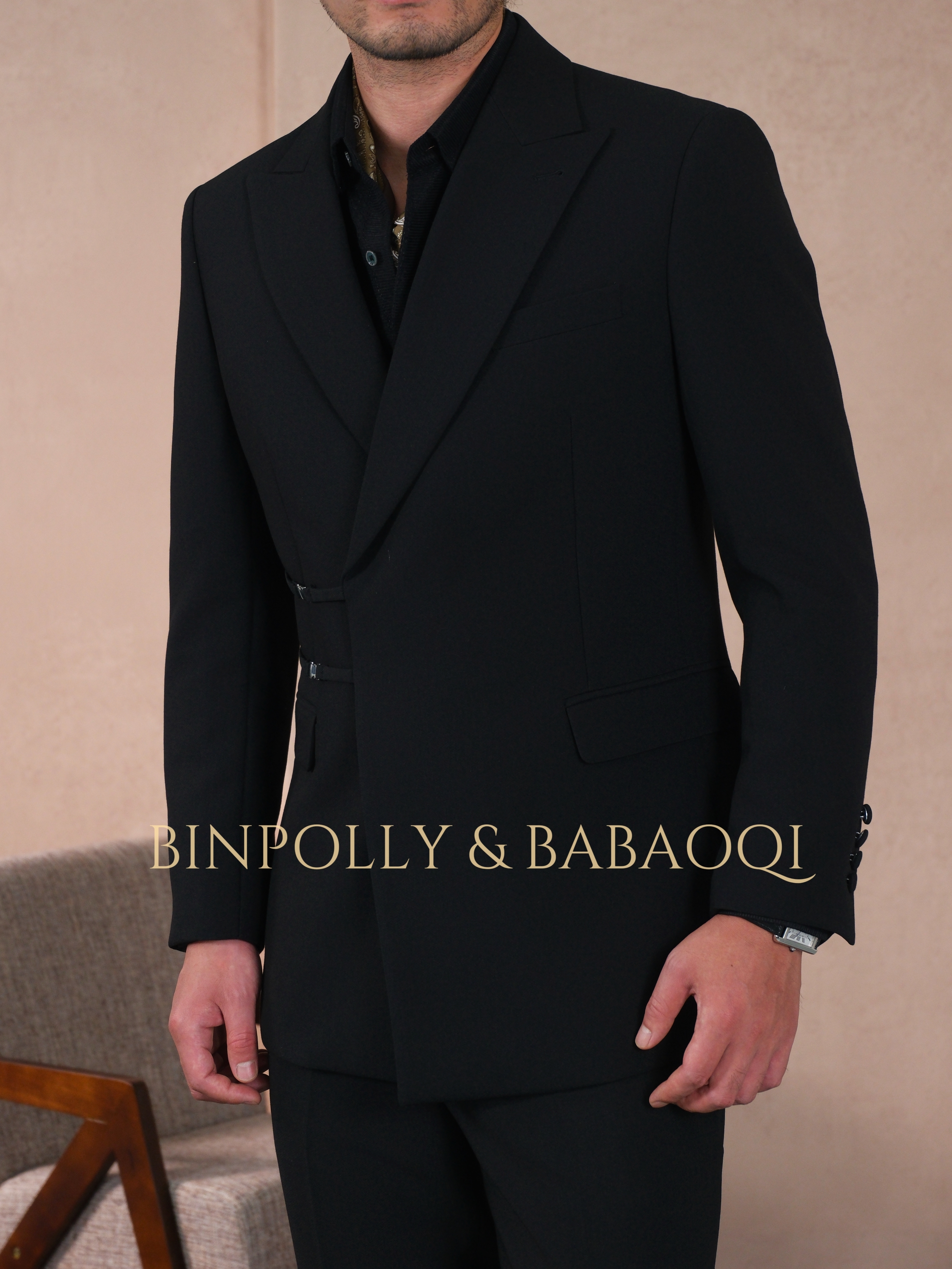 BABAOQI - Men's Custom Waist Buckle Design Black Formal suit set