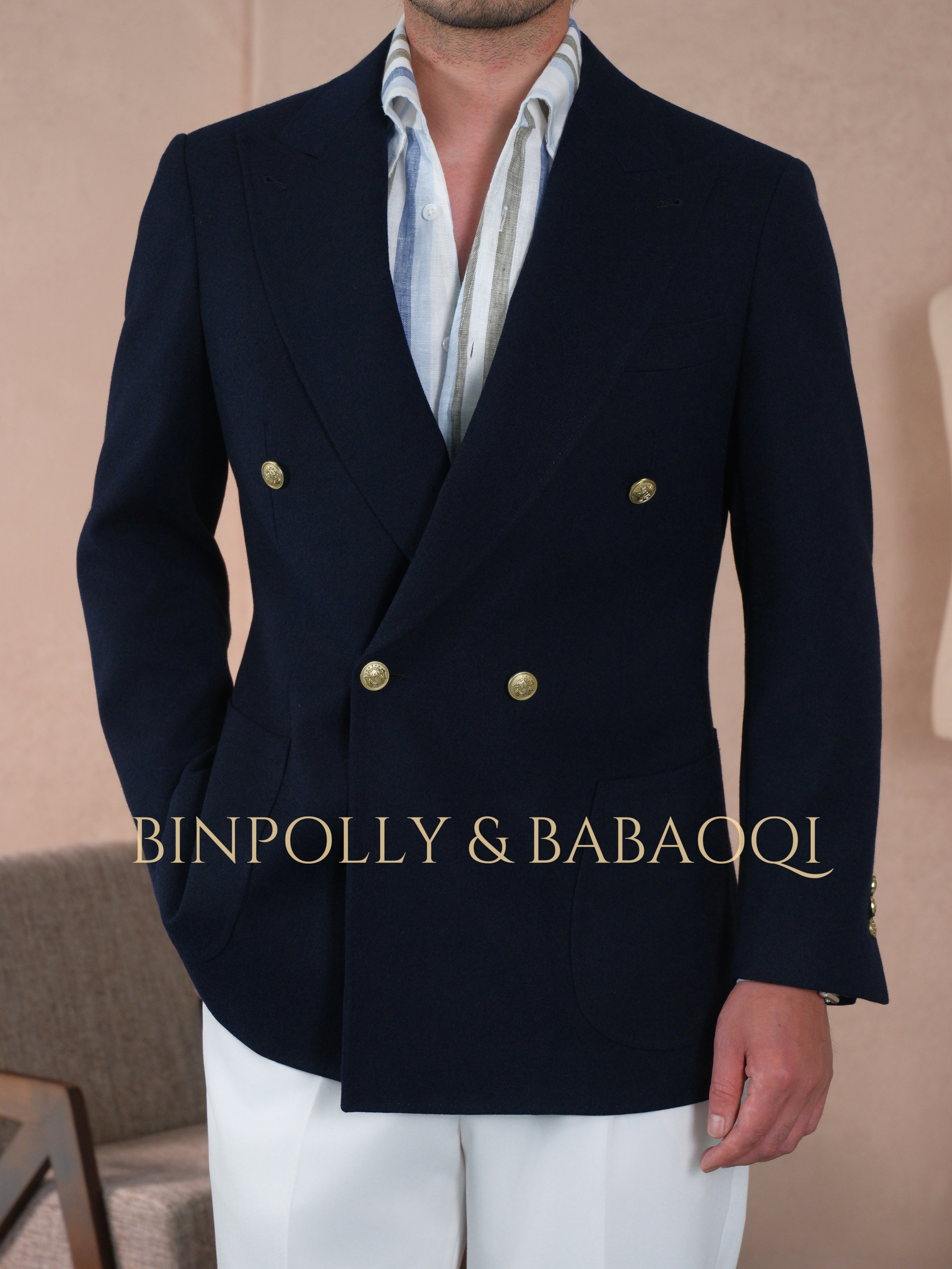 BINPOLLY - Navy Double Breasted Blazer with Gold Buttons Old Money Style