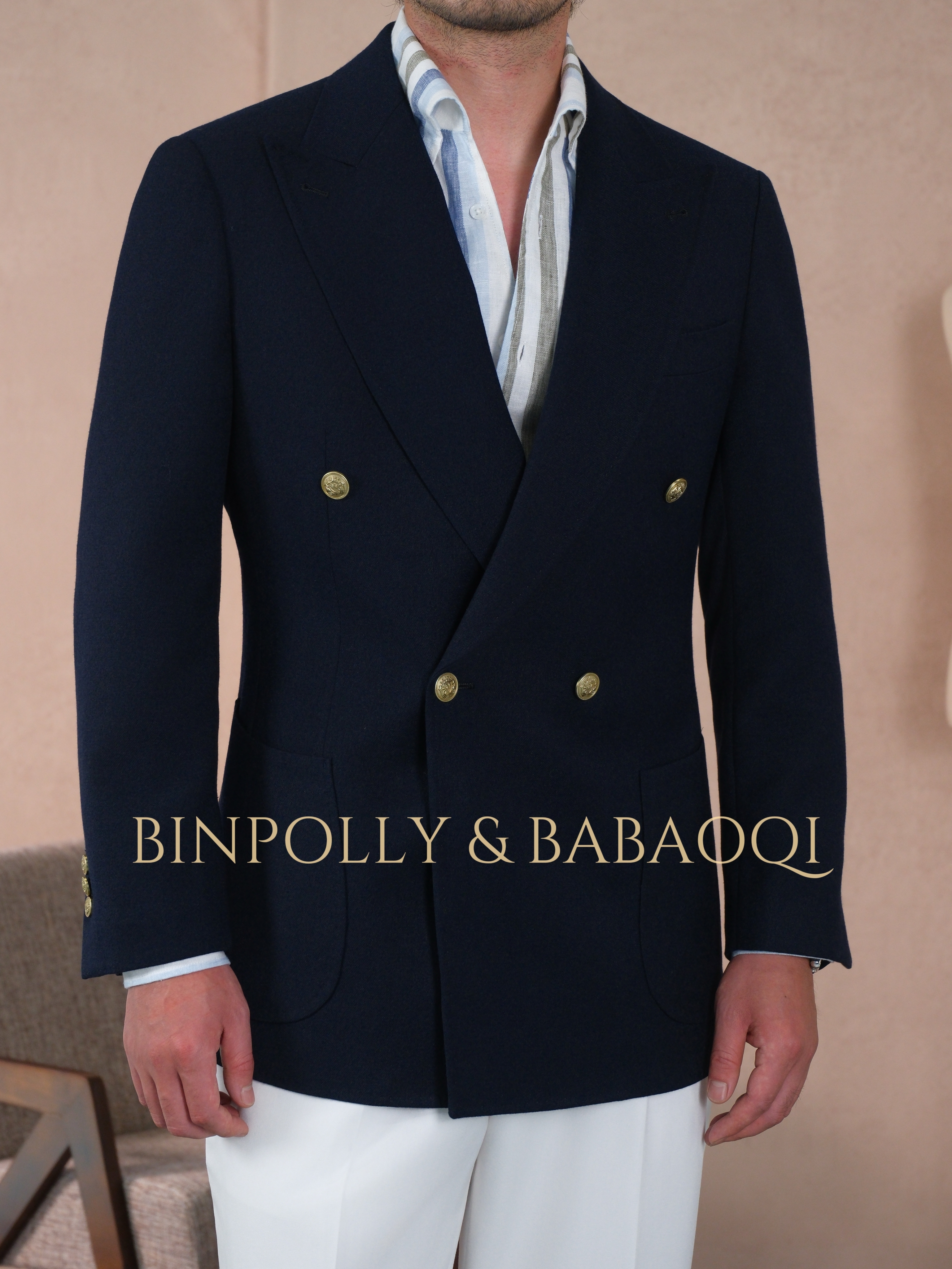 BINPOLLY - Navy Double Breasted Blazer with Gold Buttons Old Money Style