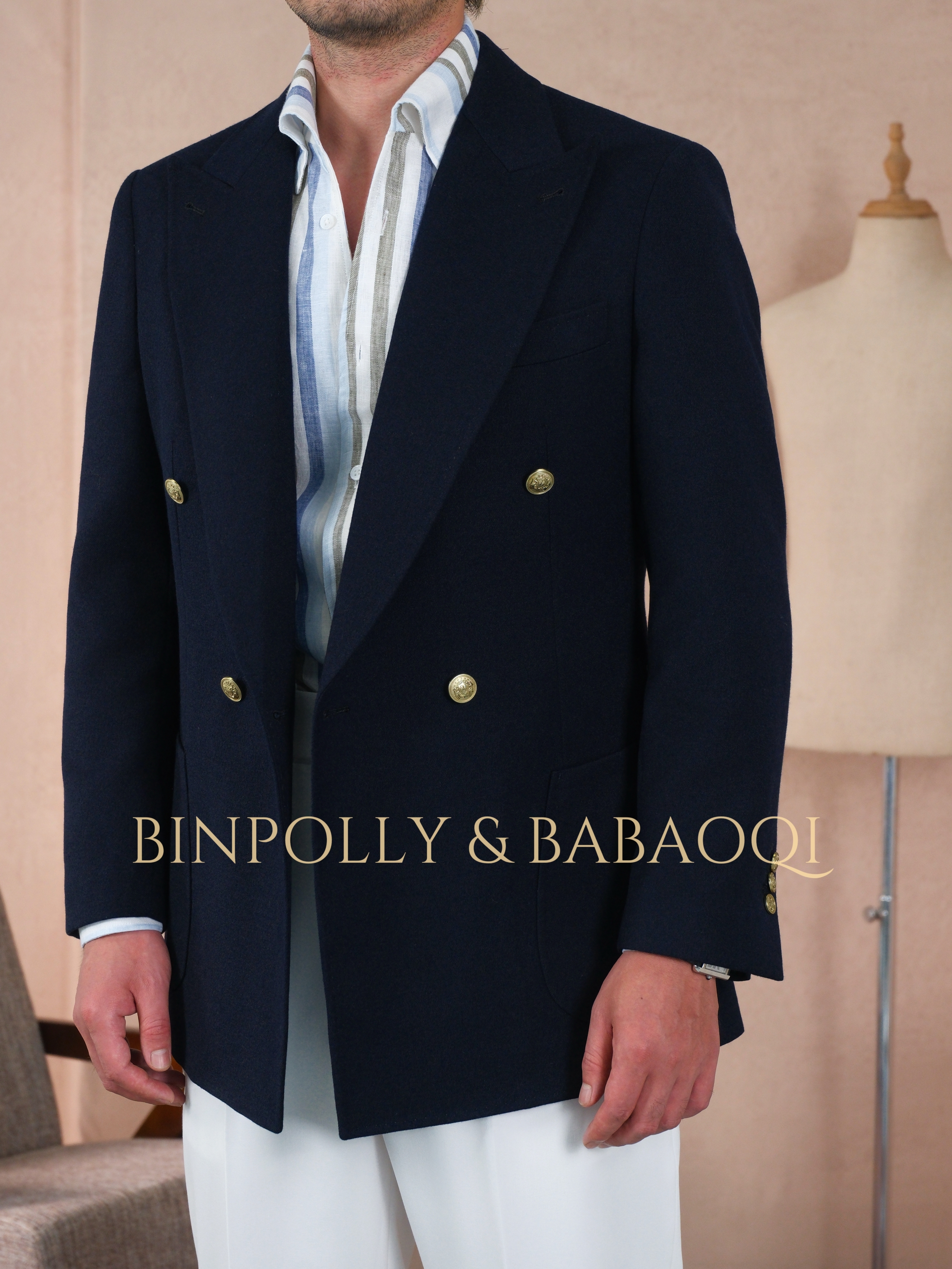BINPOLLY - Navy Double Breasted Blazer with Gold Buttons Old Money Style