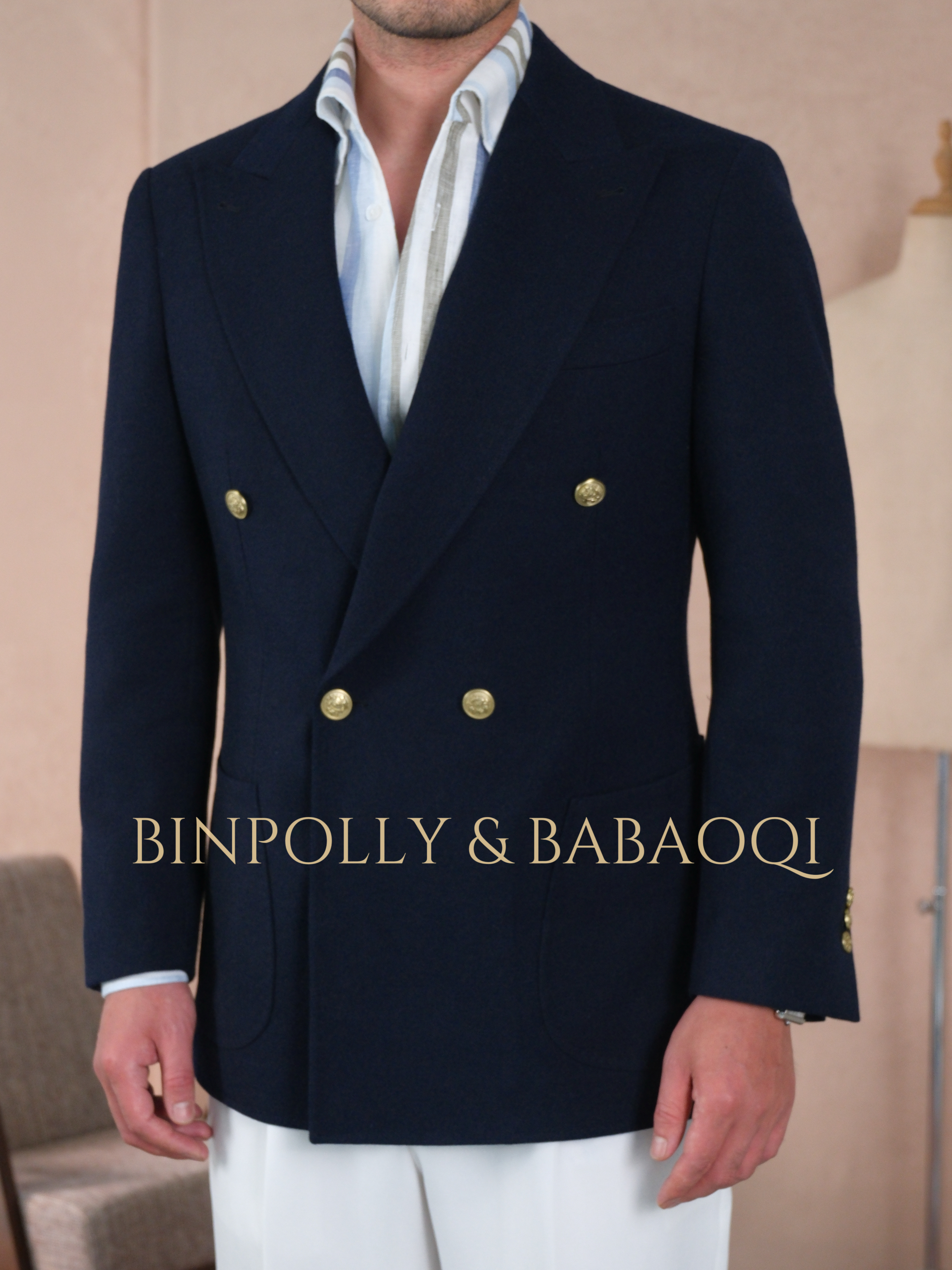 BINPOLLY - Navy Double Breasted Blazer with Gold Buttons Old Money Style