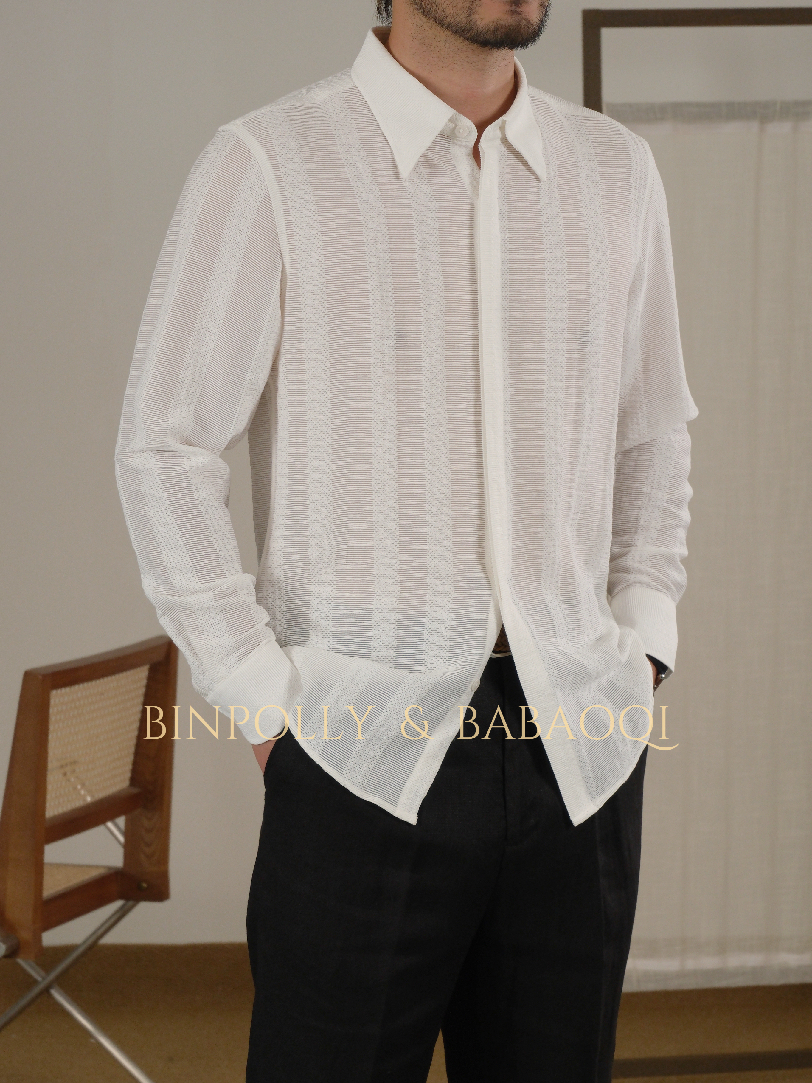 BABAOQI - Striped texture long-sleeved shirt with a pointed collar