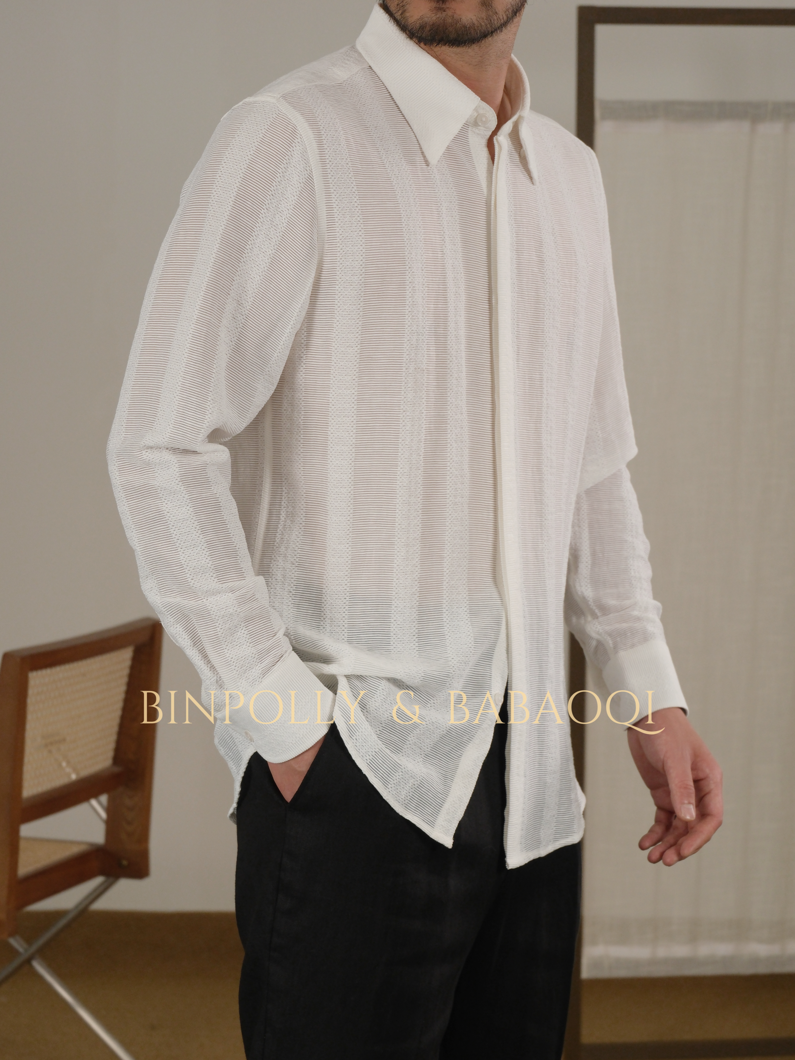 BABAOQI - Striped texture long-sleeved shirt with a pointed collar