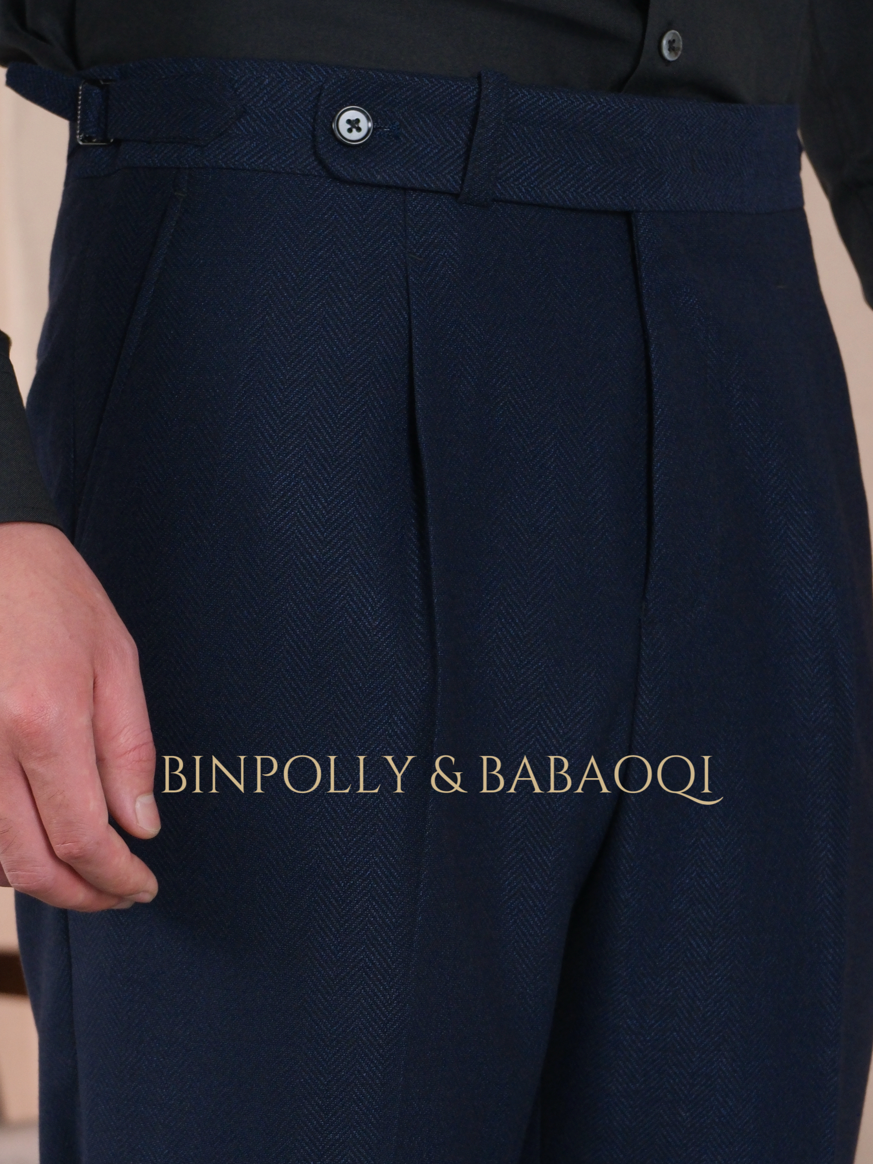 BINPOLLY -  Herringbone Textured 2 Piece Suit, Wide Peak Lapel Single Breasted Matching Trousers Set