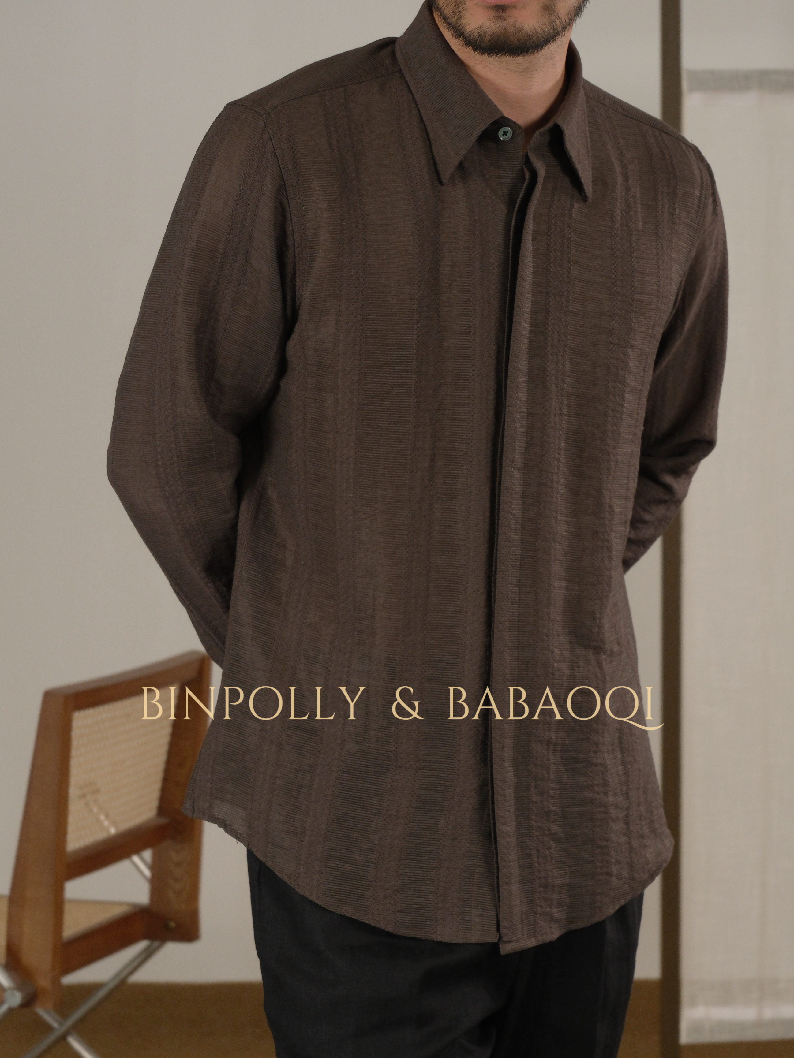 BABAOQI - Striped texture long-sleeved shirt with a pointed collar