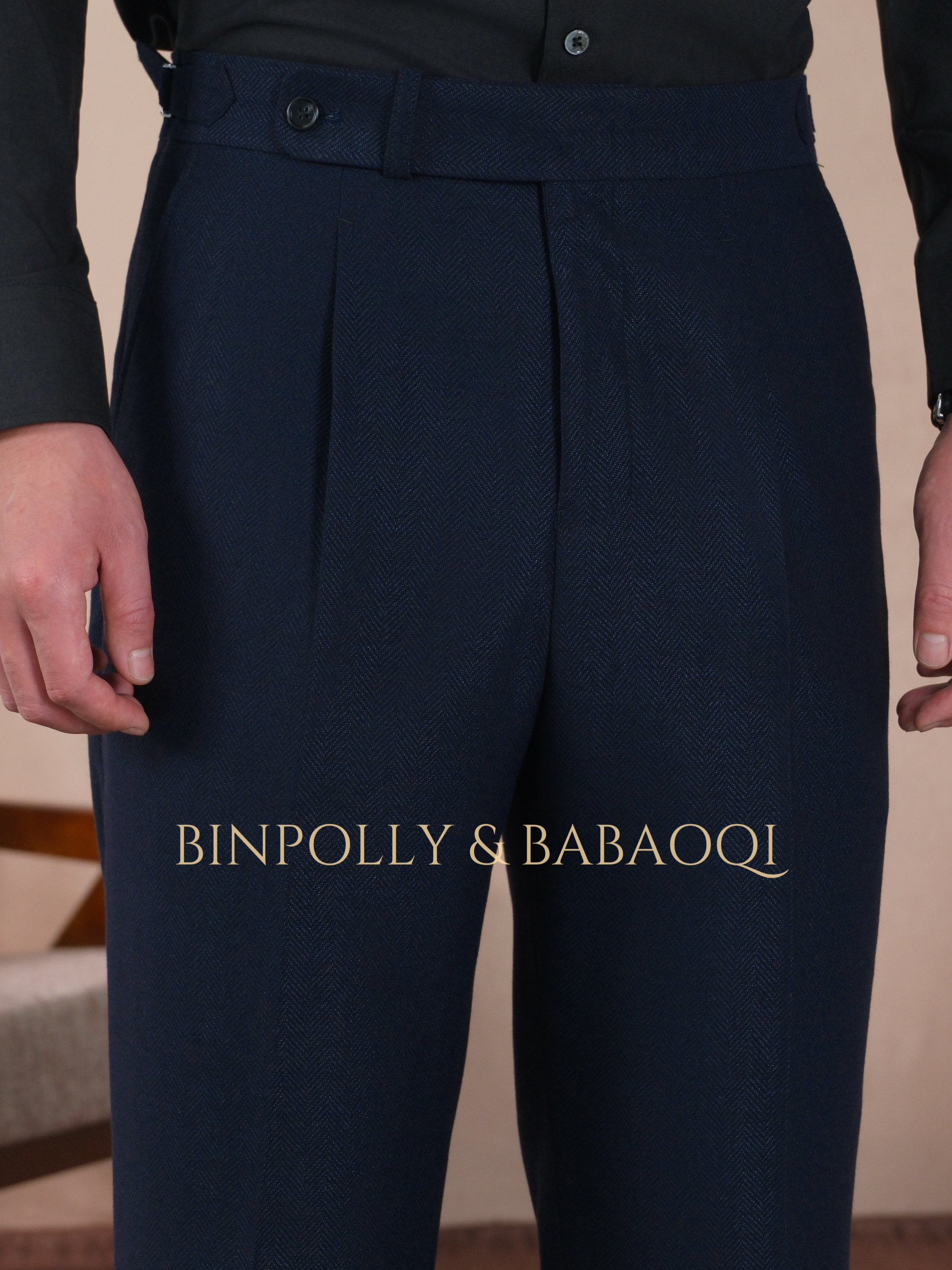 BINPOLLY -  Herringbone Textured 2 Piece Suit, Wide Peak Lapel Single Breasted Matching Trousers Set