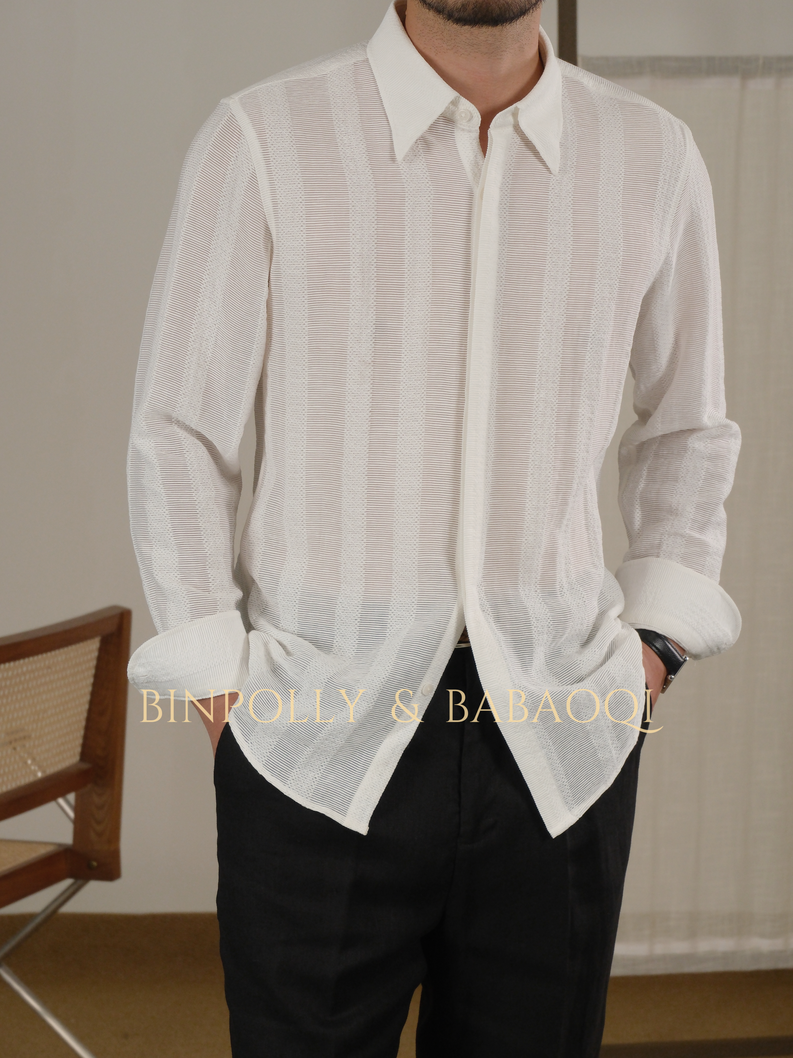 BABAOQI - Striped texture long-sleeved shirt with a pointed collar