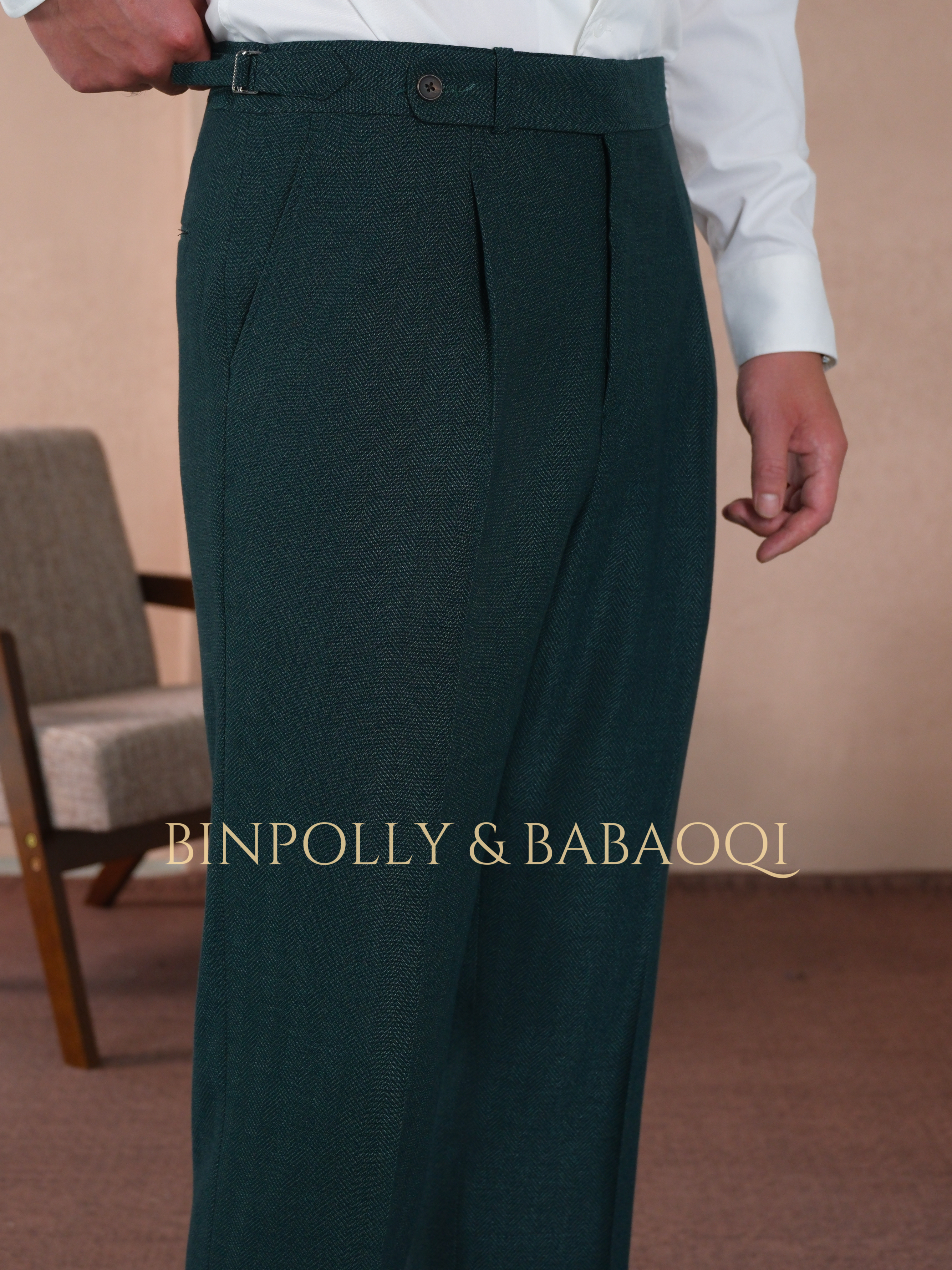BINPOLLY -  Herringbone Textured 2 Piece Suit, Wide Peak Lapel Single Breasted Matching Trousers Set
