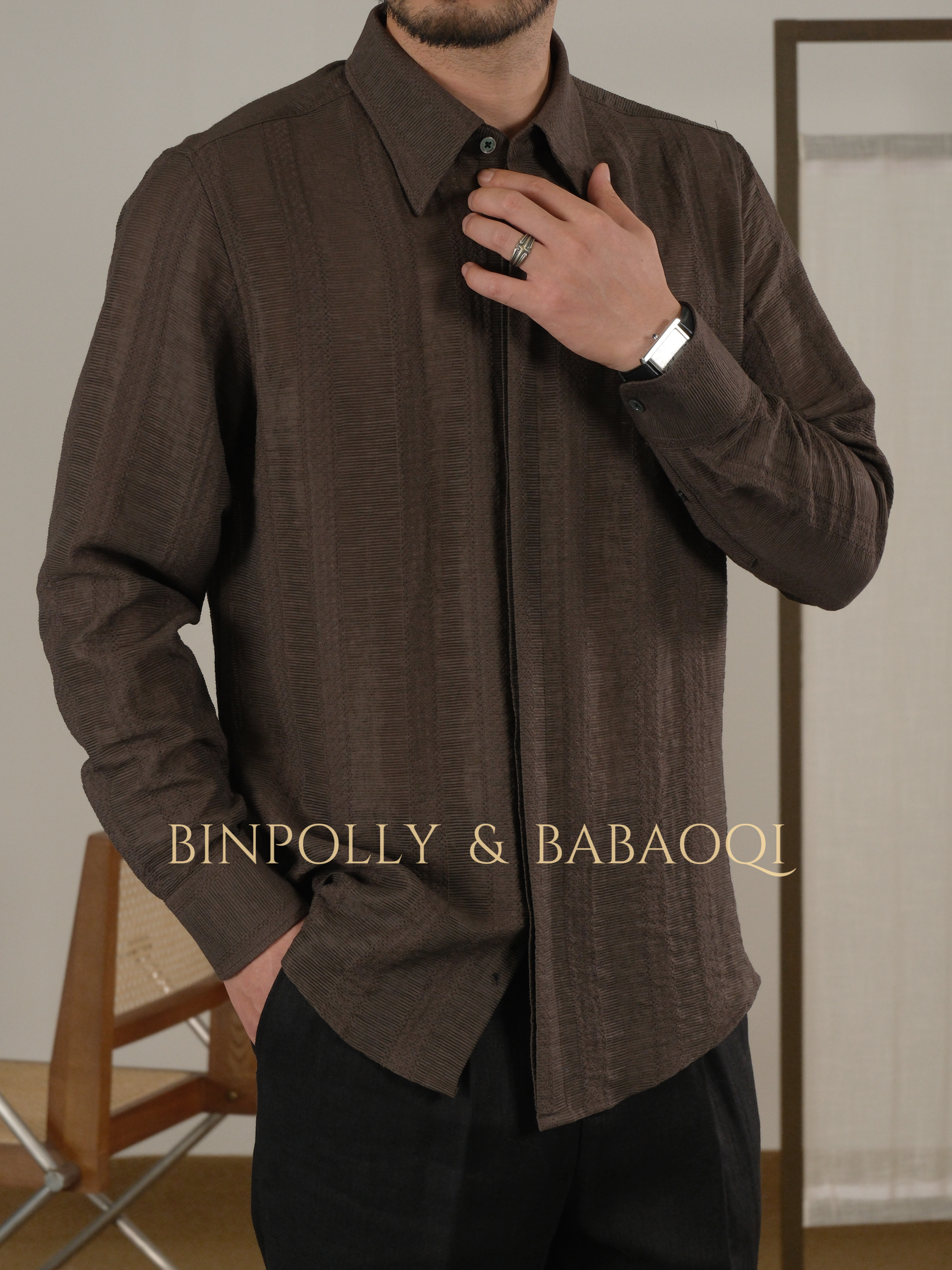 BABAOQI - Striped texture long-sleeved shirt with a pointed collar