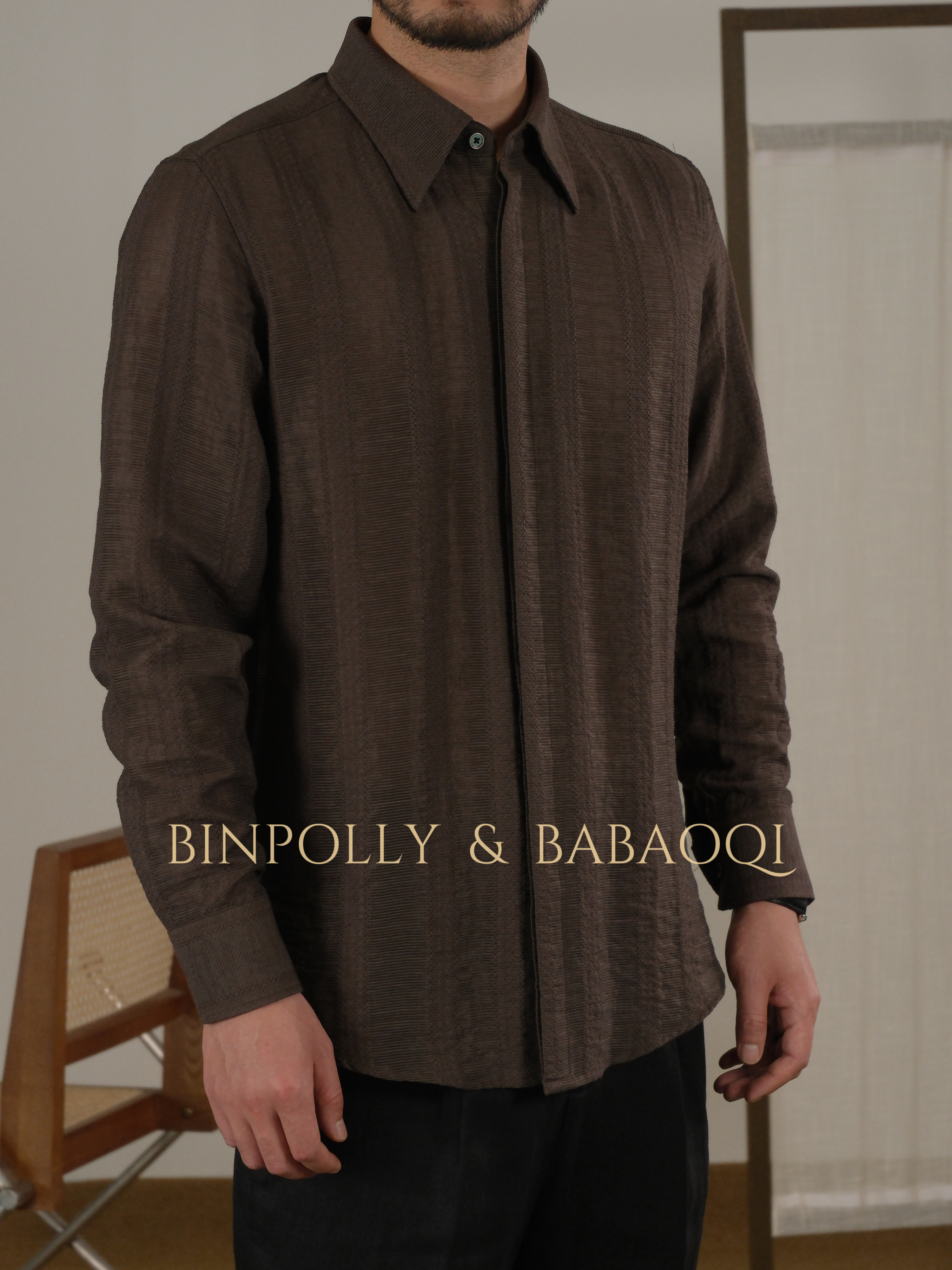 BABAOQI - Striped texture long-sleeved shirt with a pointed collar