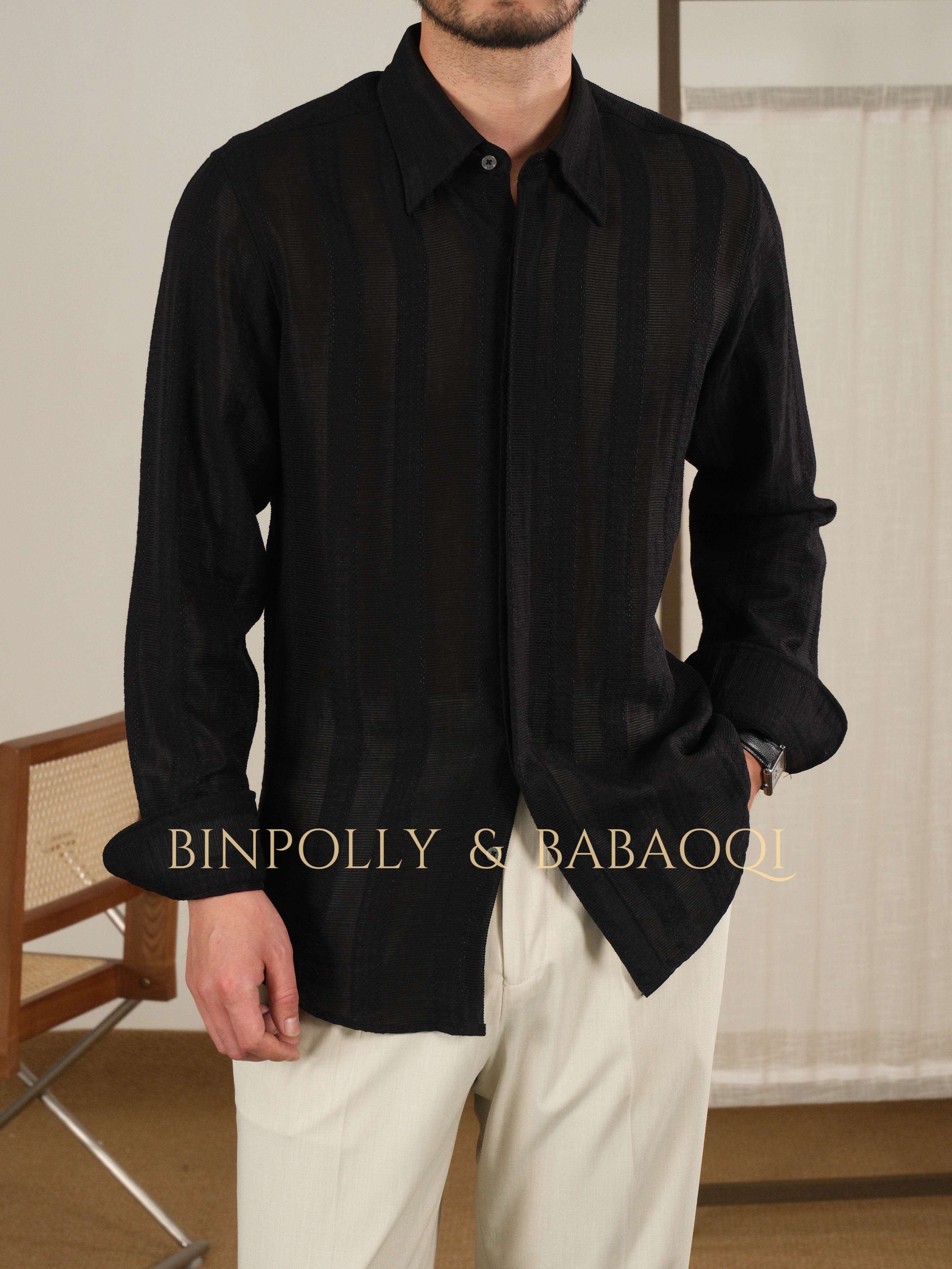 BABAOQI - Striped texture long-sleeved shirt with a pointed collar