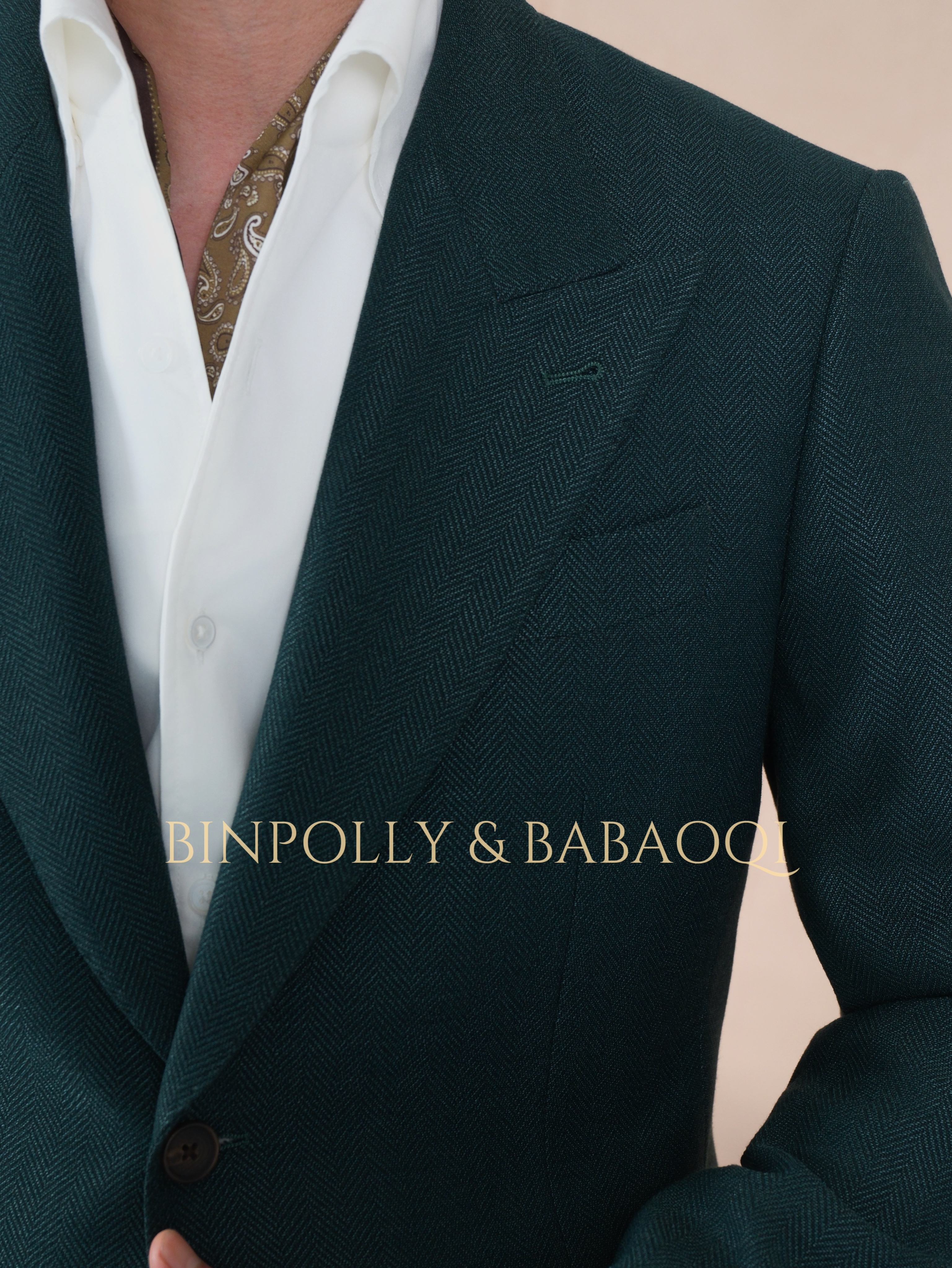 BINPOLLY -  Herringbone Textured 2 Piece Suit, Wide Peak Lapel Single Breasted Matching Trousers Set
