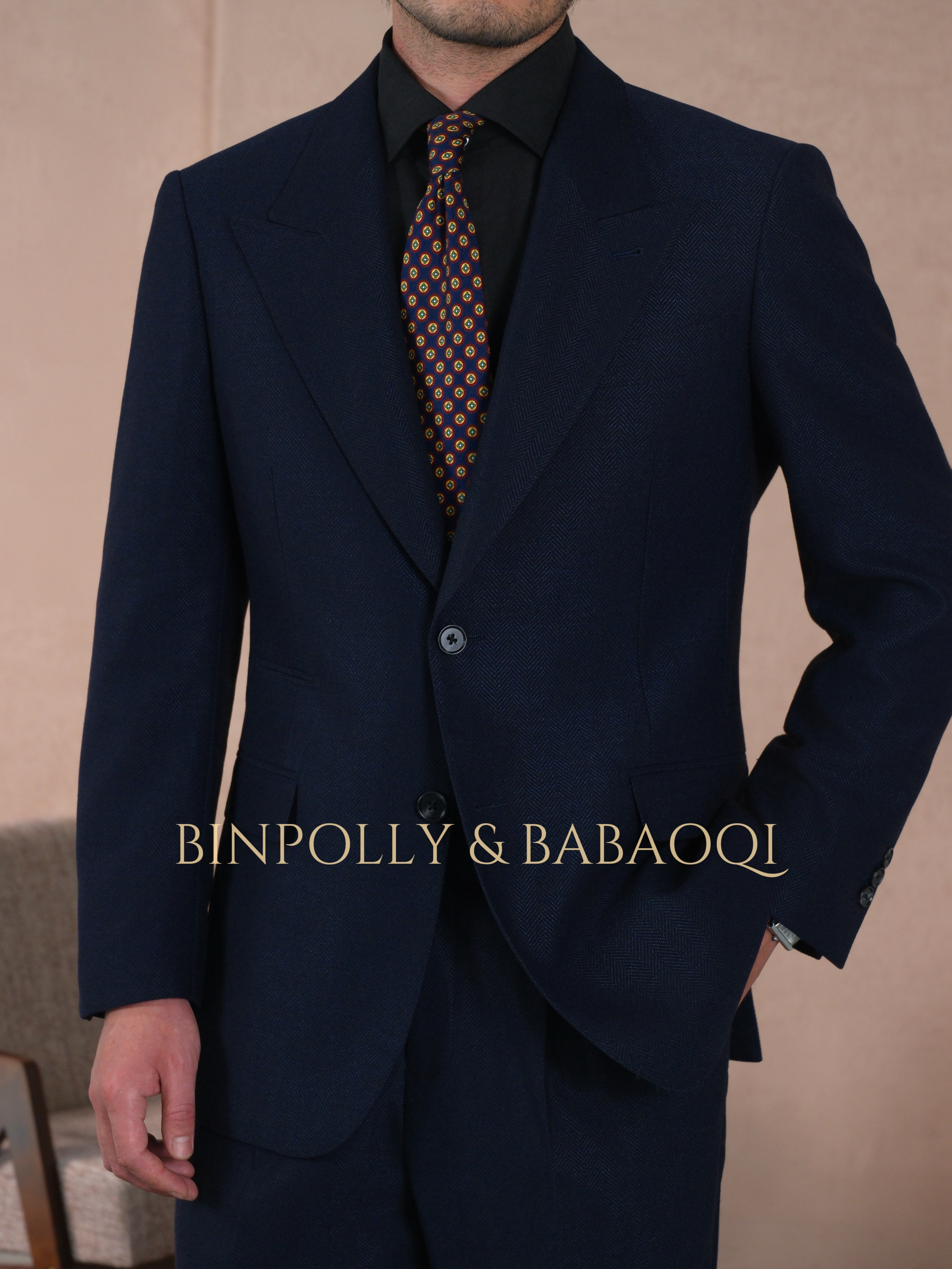 BINPOLLY -  Herringbone Textured 2 Piece Suit, Wide Peak Lapel Single Breasted Matching Trousers Set
