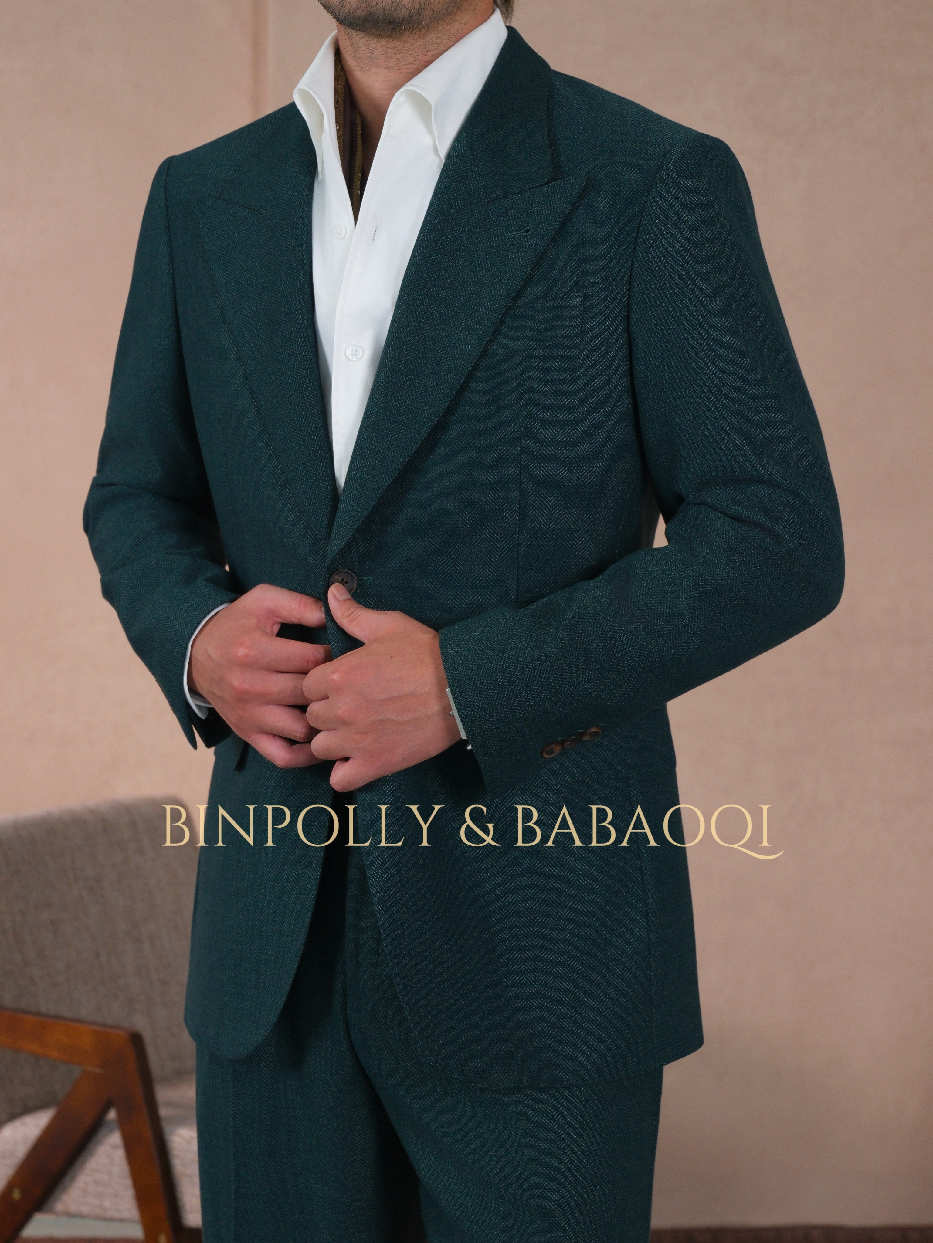 BINPOLLY -  Herringbone Textured 2 Piece Suit, Wide Peak Lapel Single Breasted Matching Trousers Set