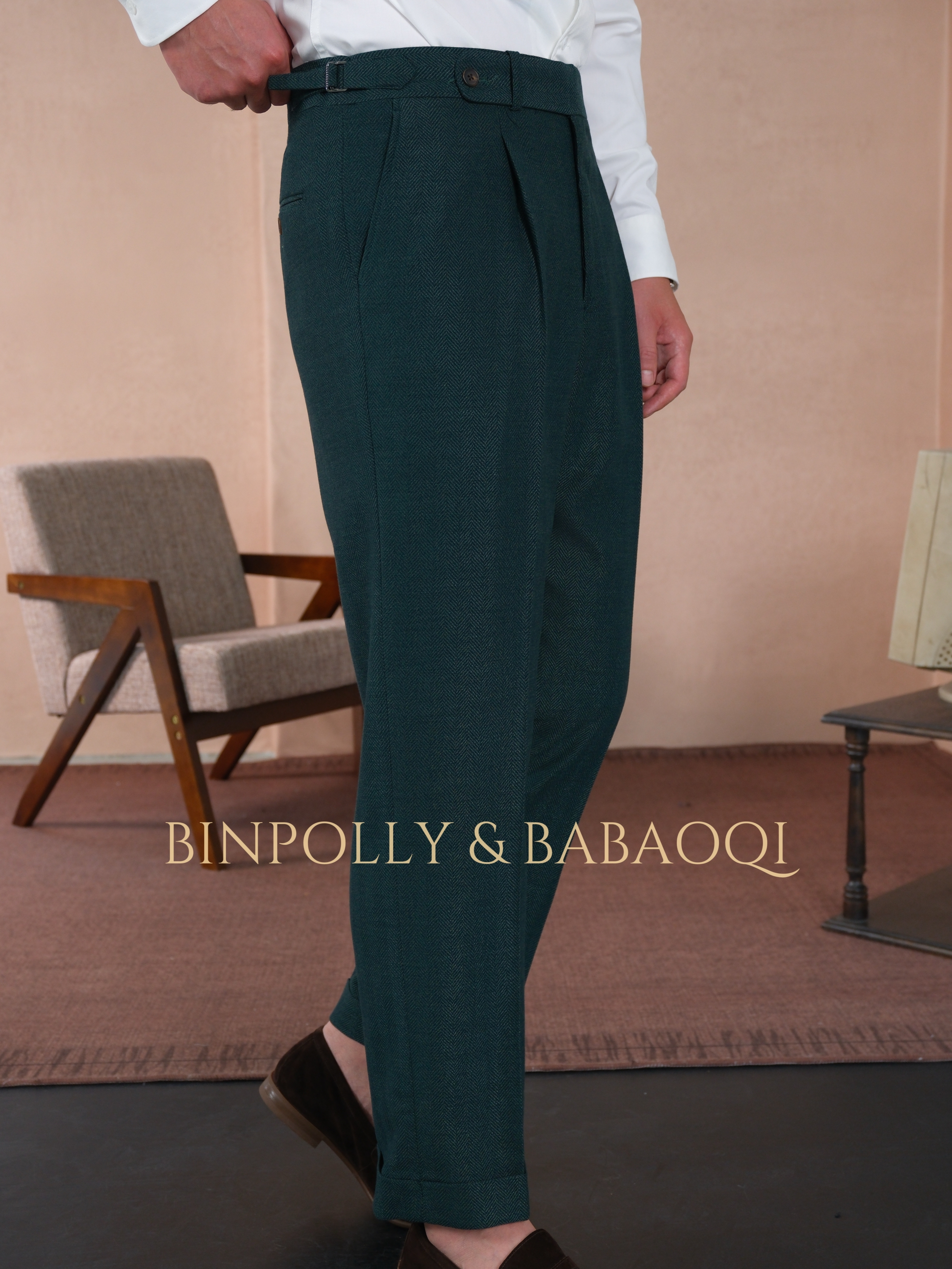BINPOLLY -  Herringbone Textured 2 Piece Suit, Wide Peak Lapel Single Breasted Matching Trousers Set