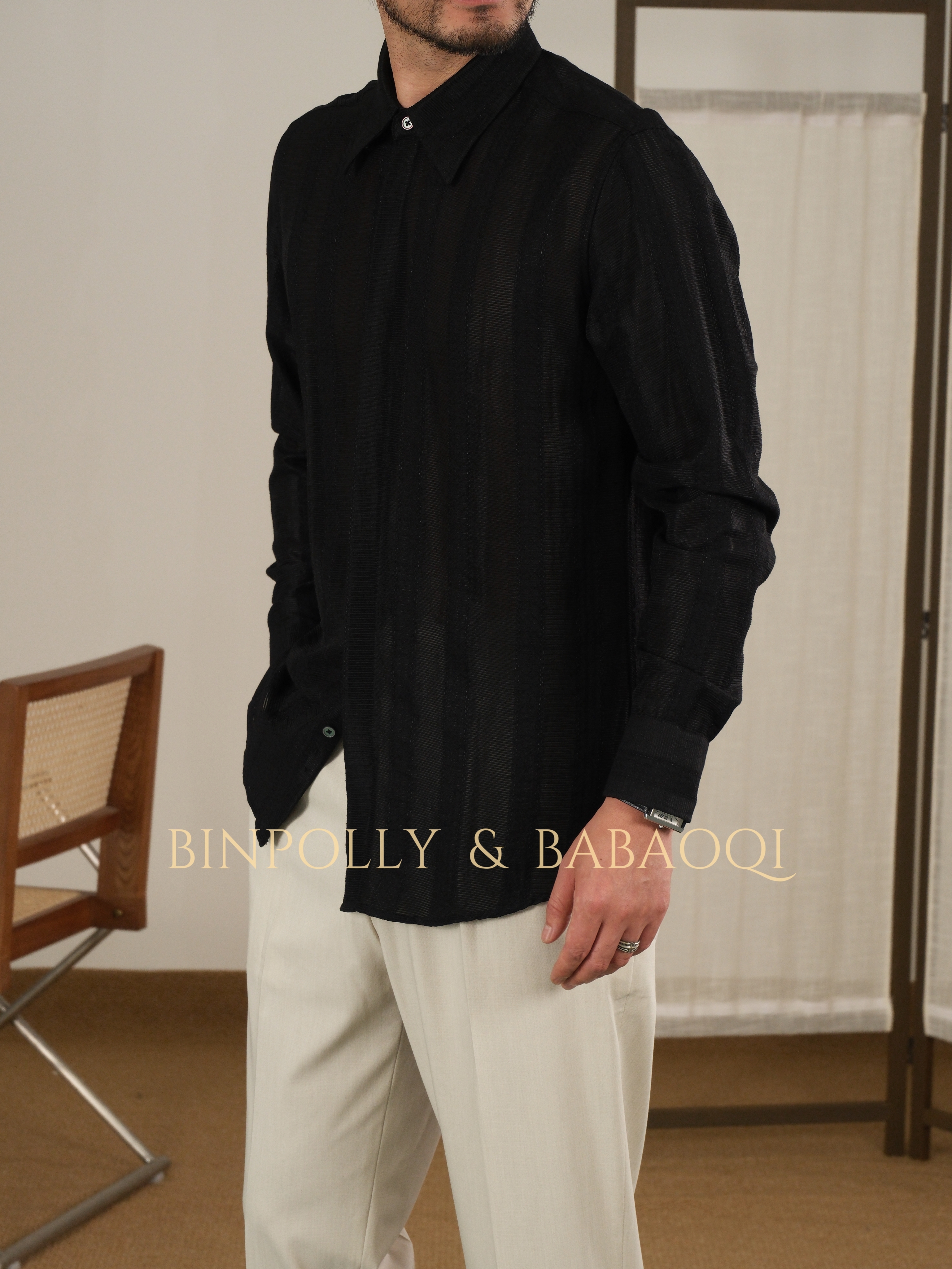 BABAOQI - Striped texture long-sleeved shirt with a pointed collar
