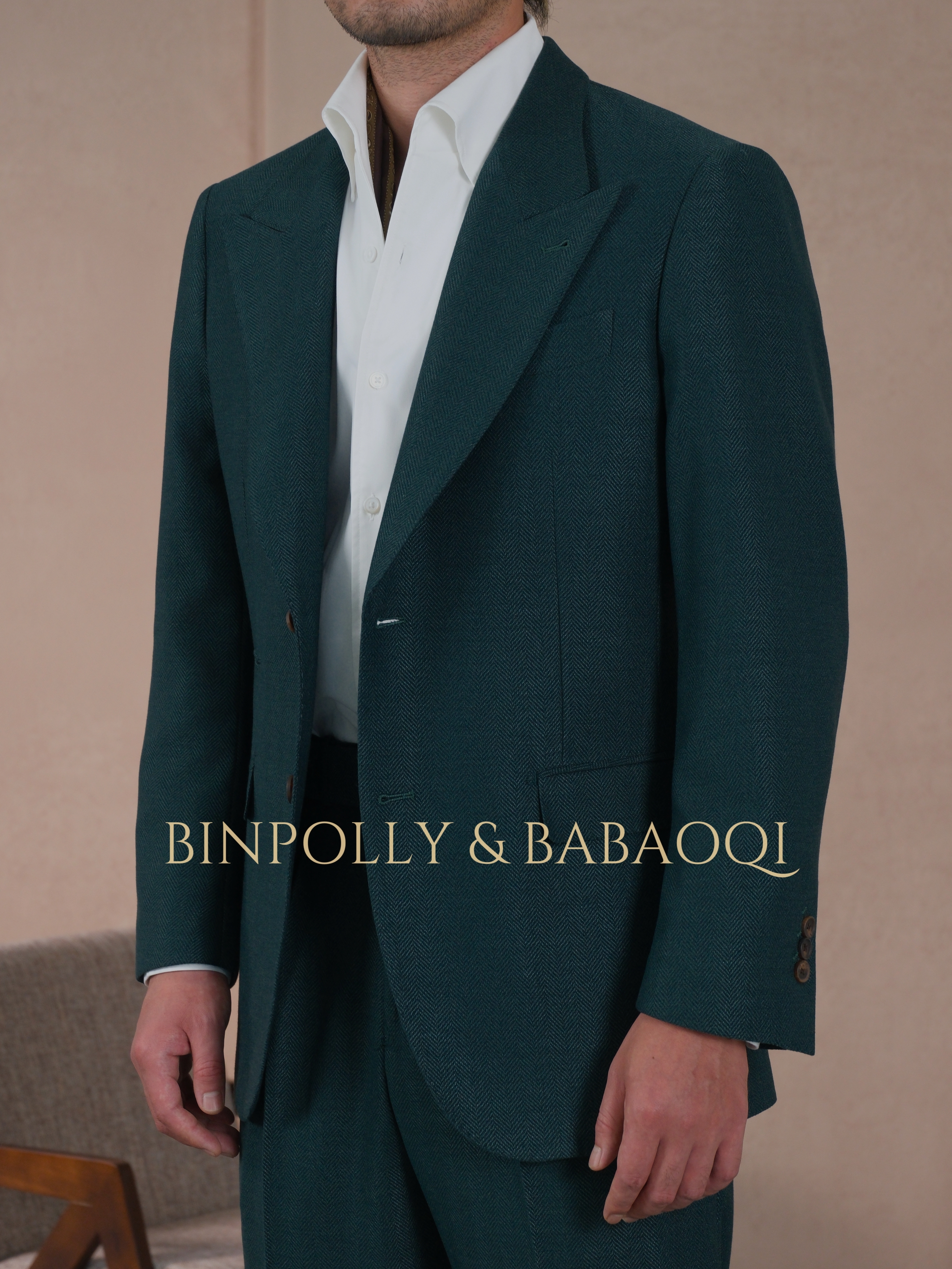 BINPOLLY -  Herringbone Textured 2 Piece Suit, Wide Peak Lapel Single Breasted Matching Trousers Set