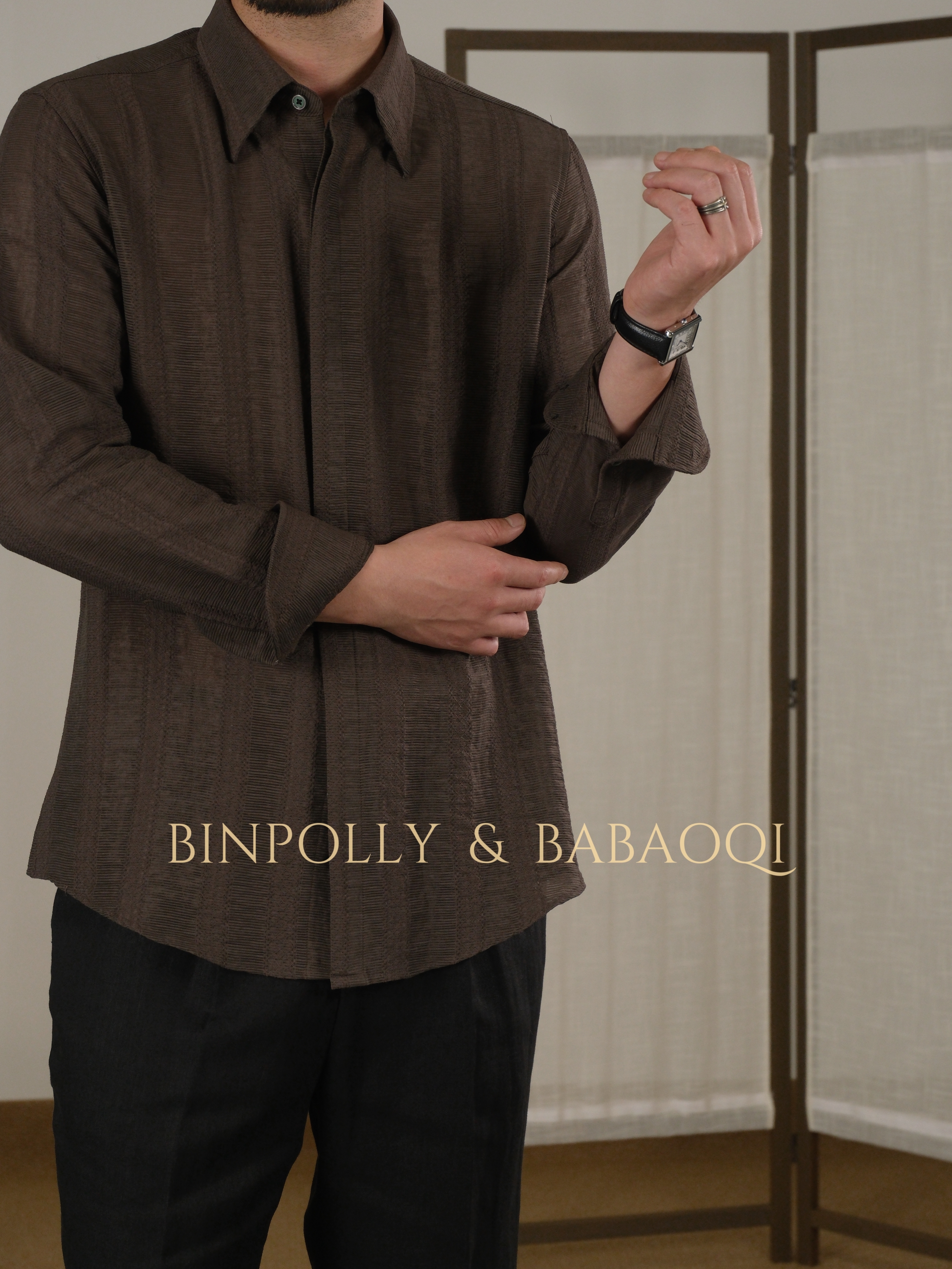 BABAOQI - Striped texture long-sleeved shirt with a pointed collar