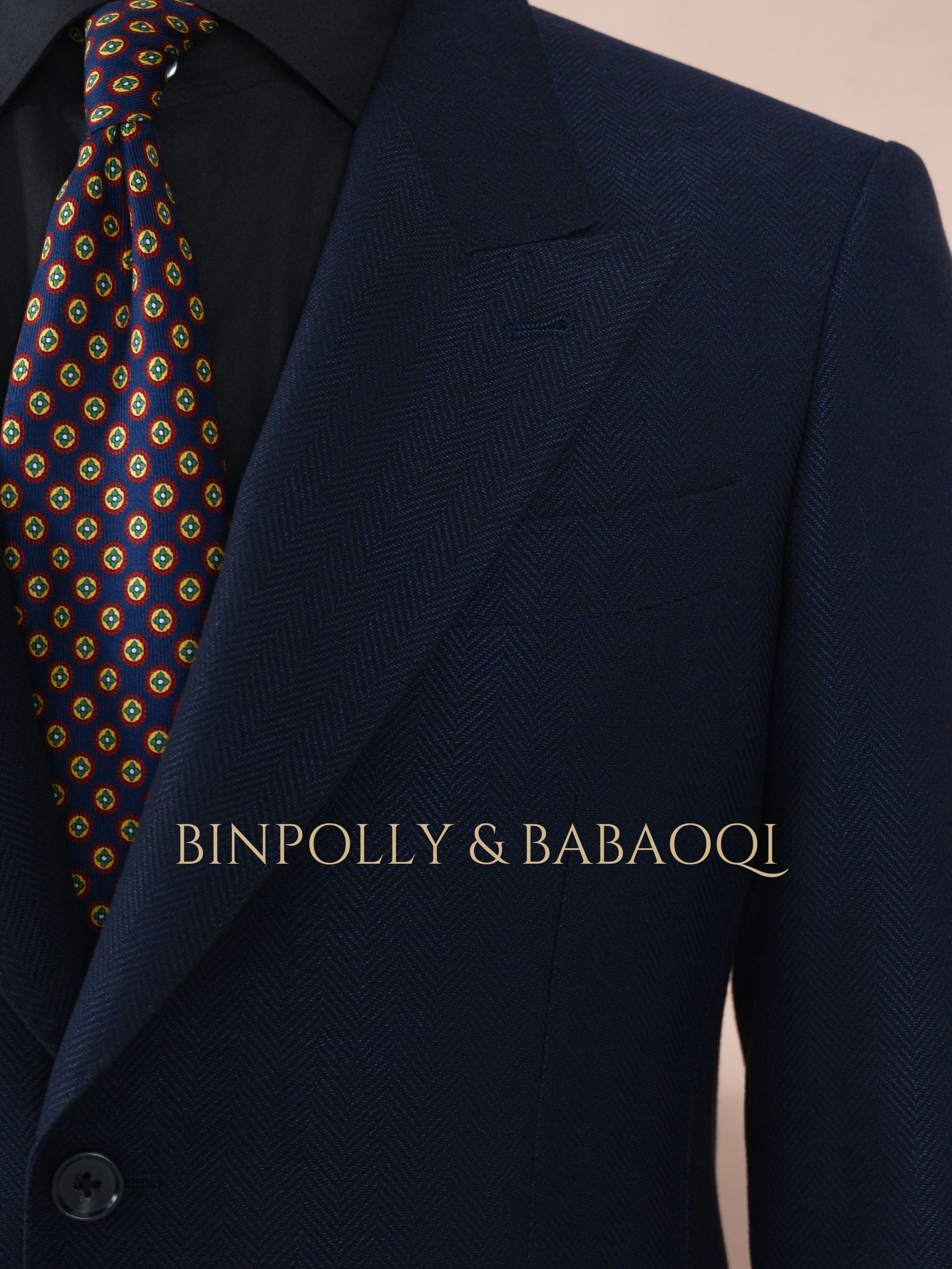 BINPOLLY -  Herringbone Textured 2 Piece Suit, Wide Peak Lapel Single Breasted Matching Trousers Set