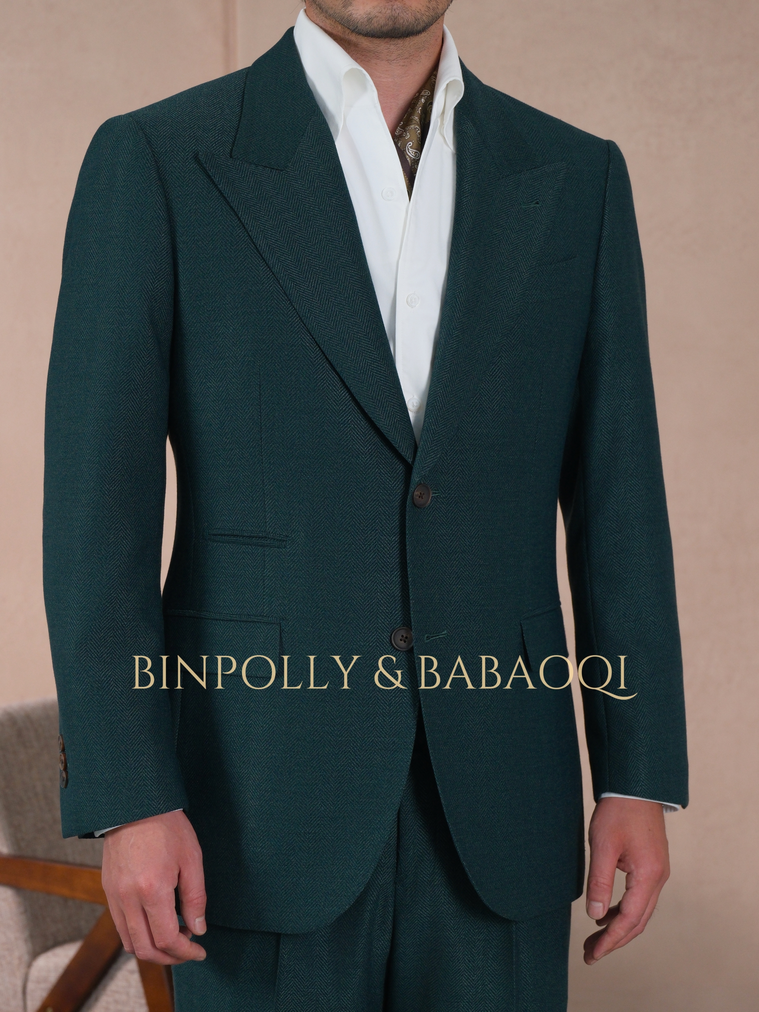 BINPOLLY -  Herringbone Textured 2 Piece Suit, Wide Peak Lapel Single Breasted Matching Trousers Set