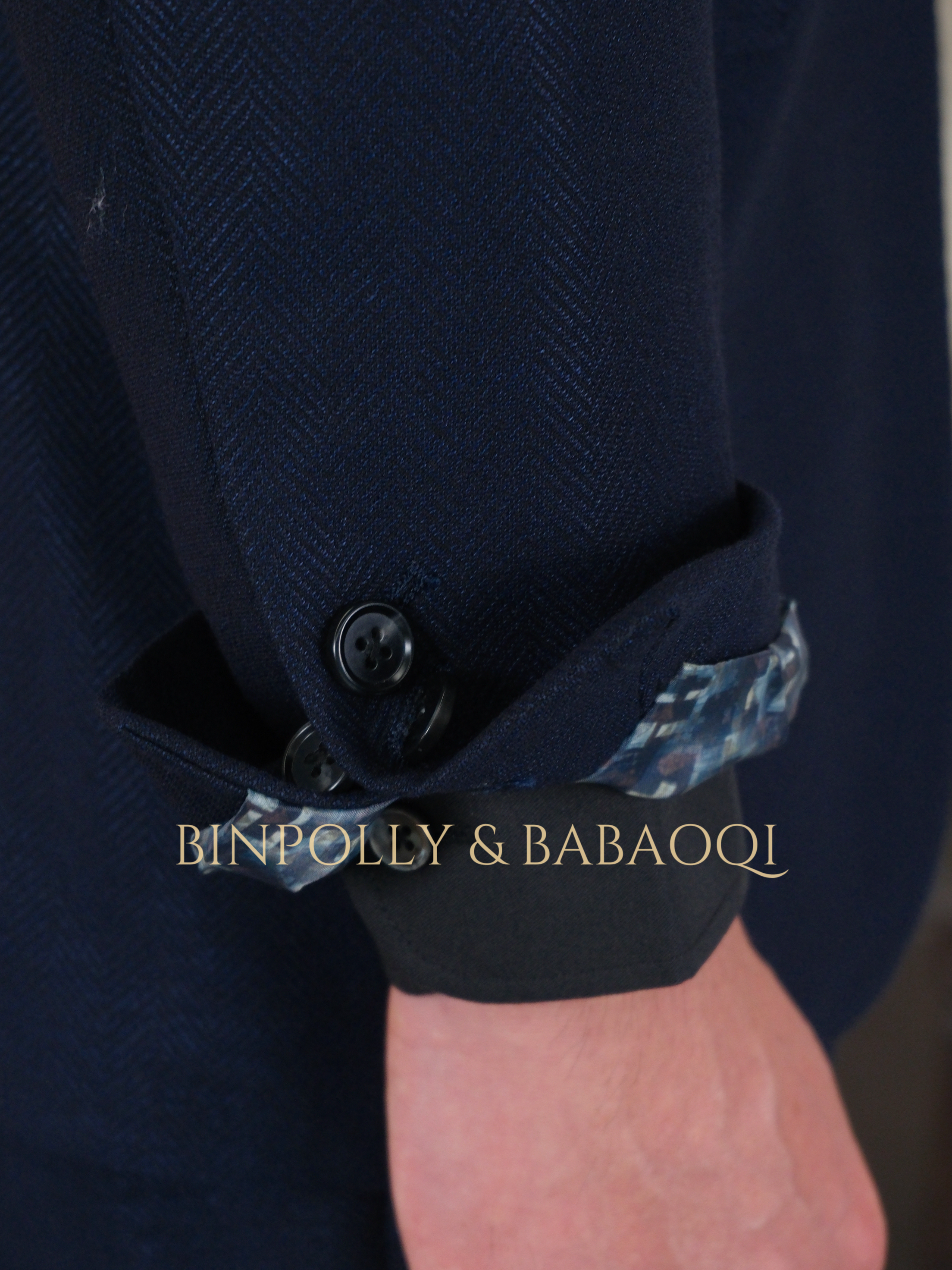 BINPOLLY -  Herringbone Textured 2 Piece Suit, Wide Peak Lapel Single Breasted Matching Trousers Set