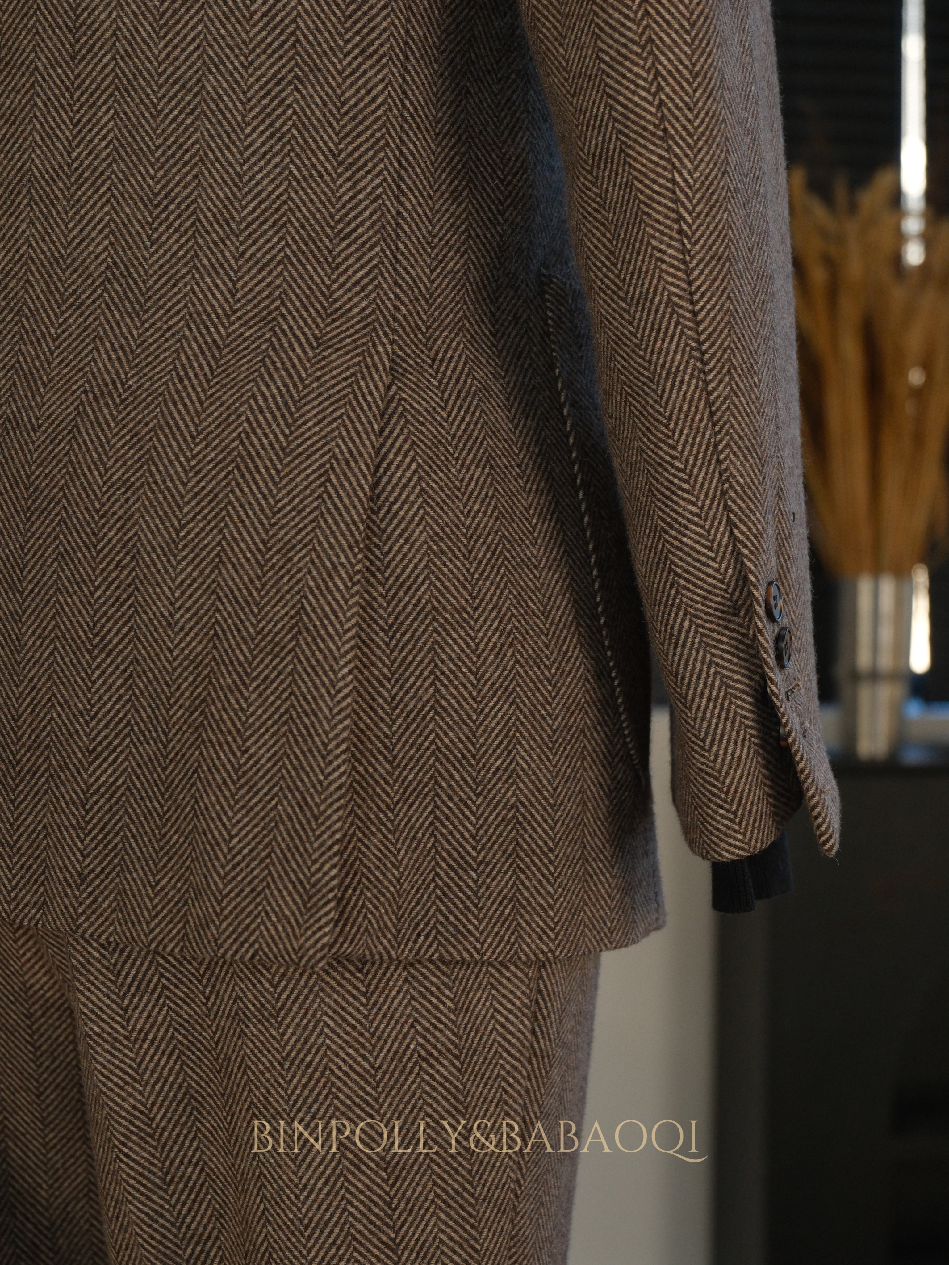 BABAOQI - Brown Herringbone 50% Wool 2 Piece Suit, Wide Peak Lapel Double Breasted Vintage Suit Set
