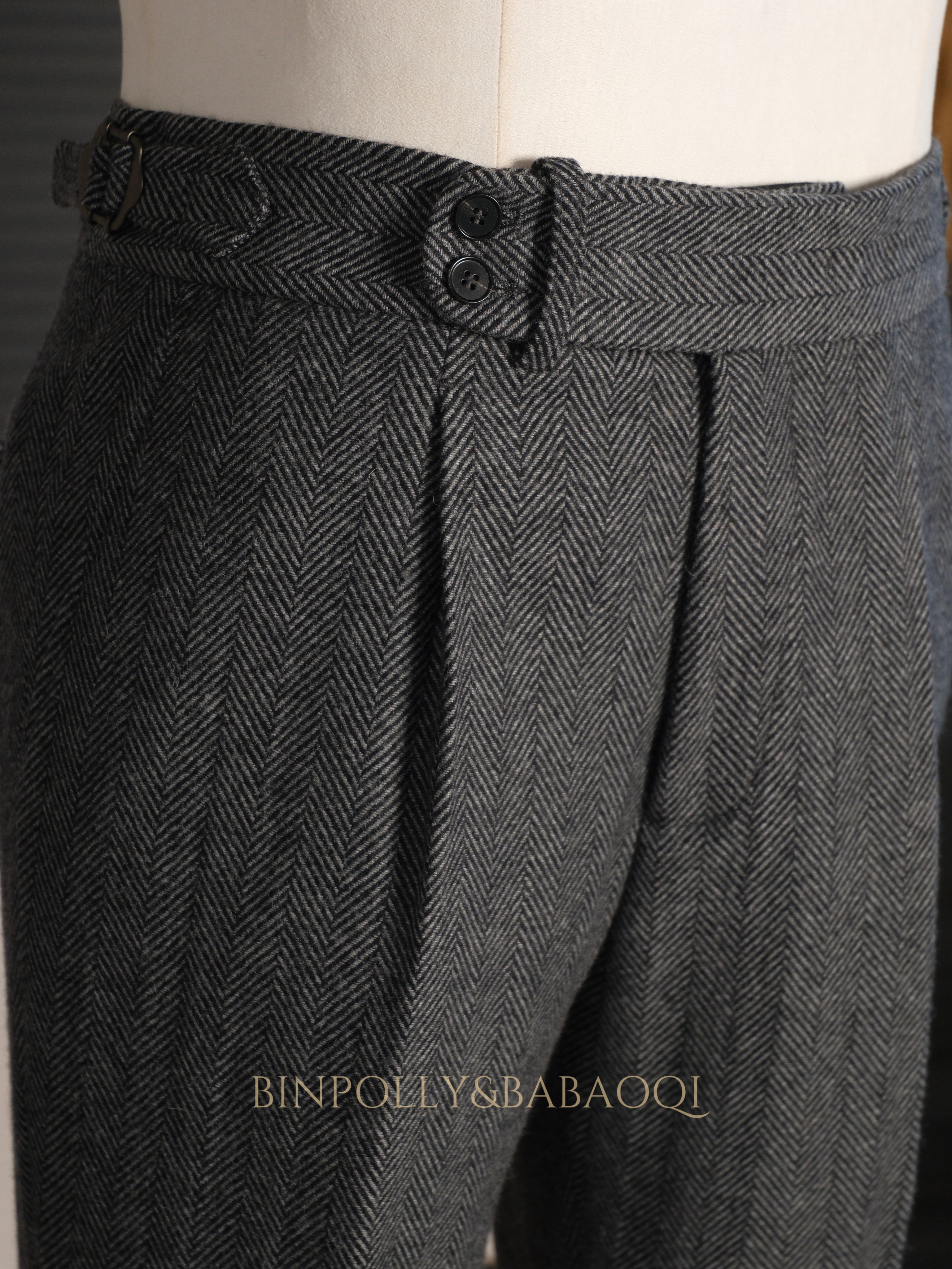 BABAOQI - Grey Herringbone 50% Wool 2 Piece Suit, Wide Peak Lapel Double Breasted Vintage Suit Set