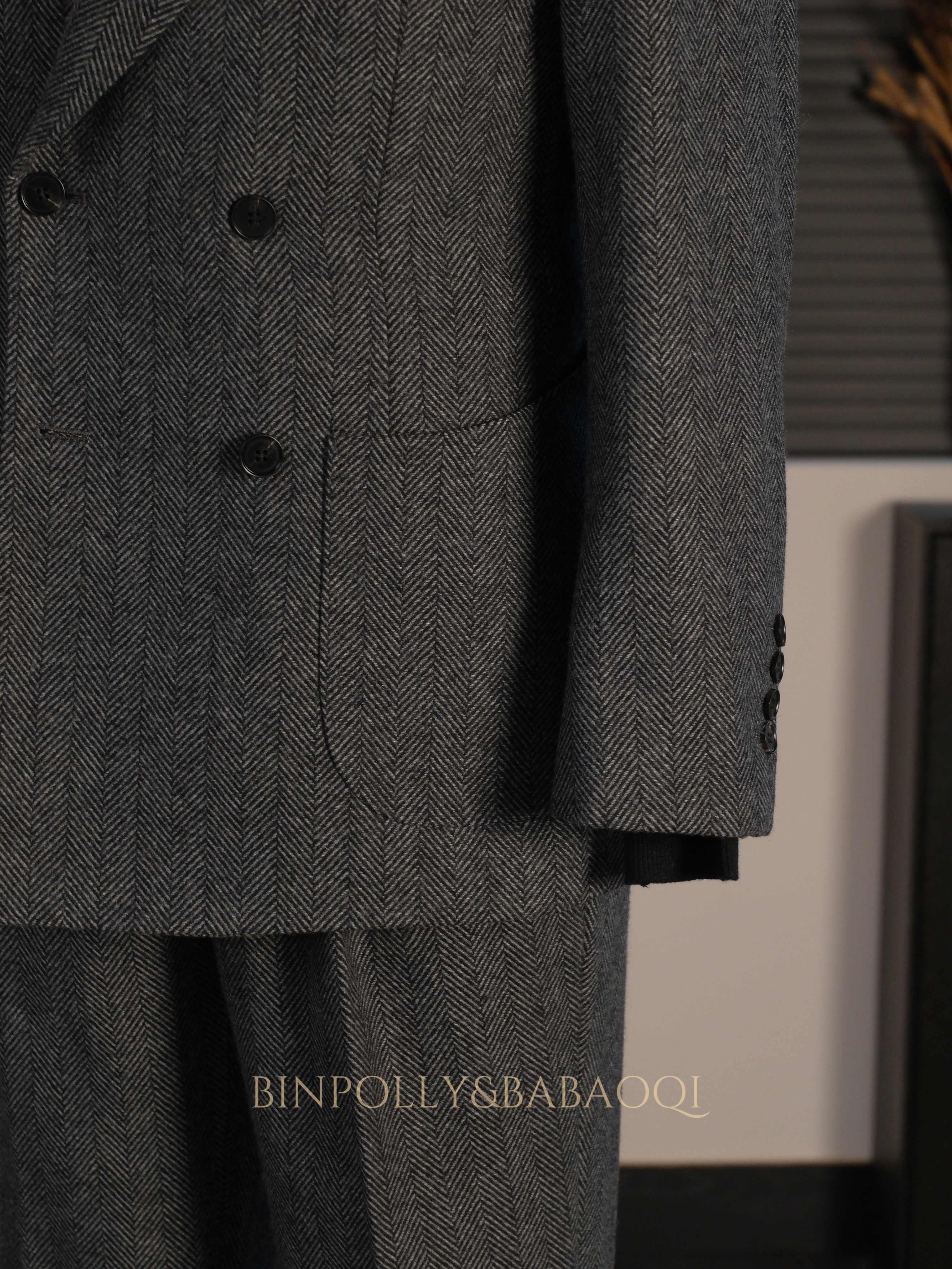 BABAOQI - Grey Herringbone 50% Wool 2 Piece Suit, Wide Peak Lapel Double Breasted Vintage Suit Set