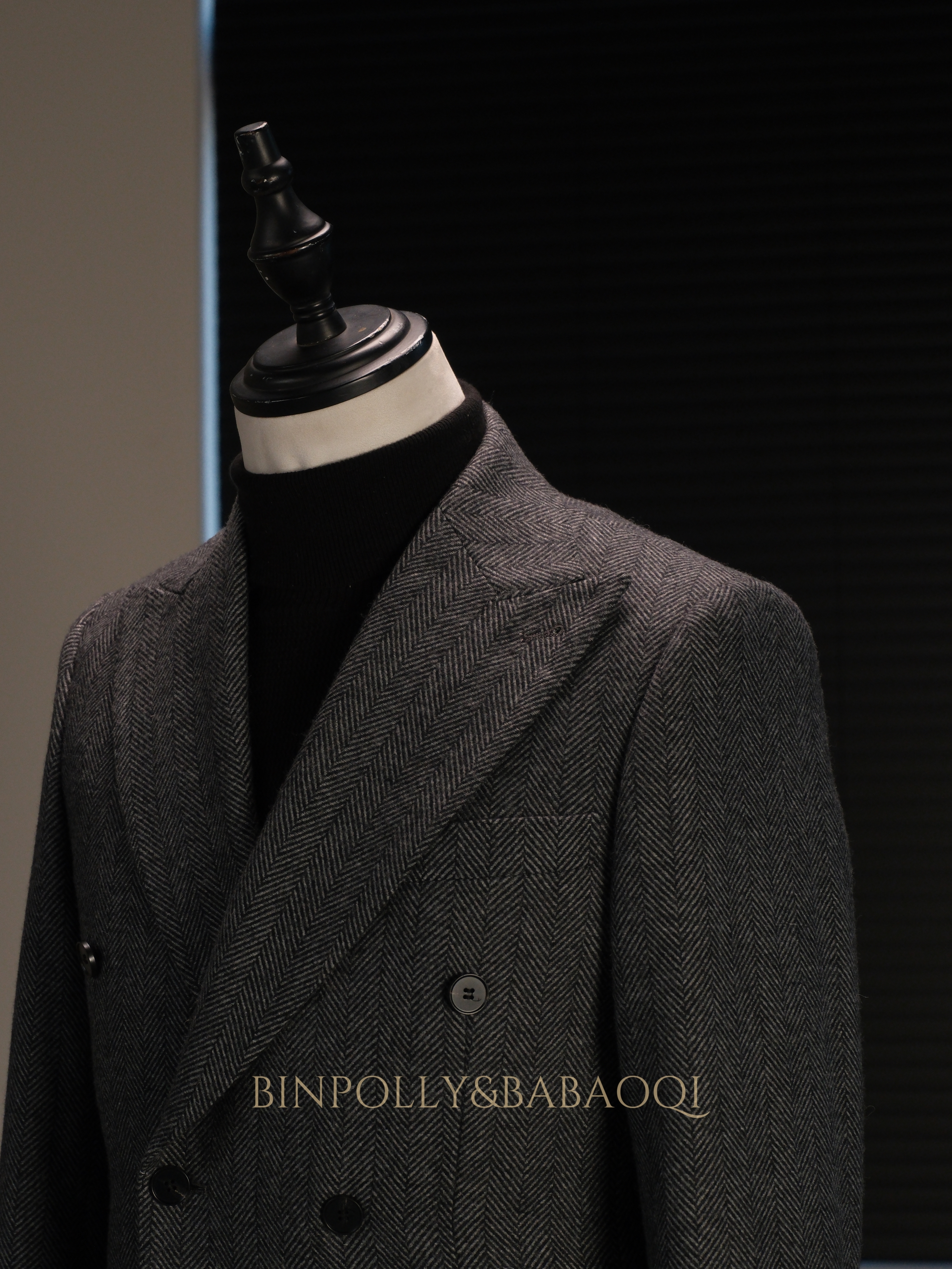 BABAOQI - Grey Herringbone 50% Wool 2 Piece Suit, Wide Peak Lapel Double Breasted Vintage Suit Set