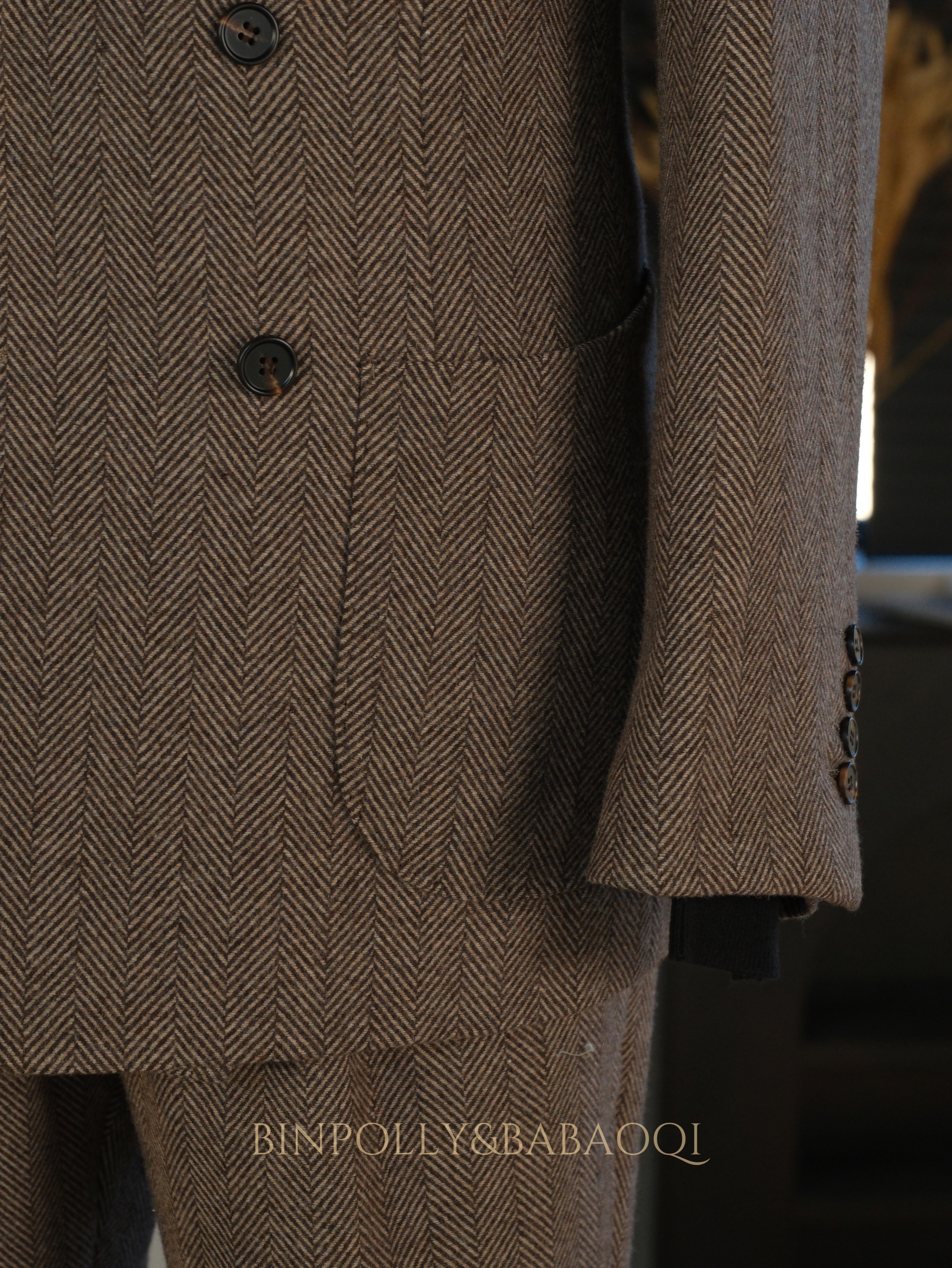 BABAOQI - Brown Herringbone 50% Wool 2 Piece Suit, Wide Peak Lapel Double Breasted Vintage Suit Set