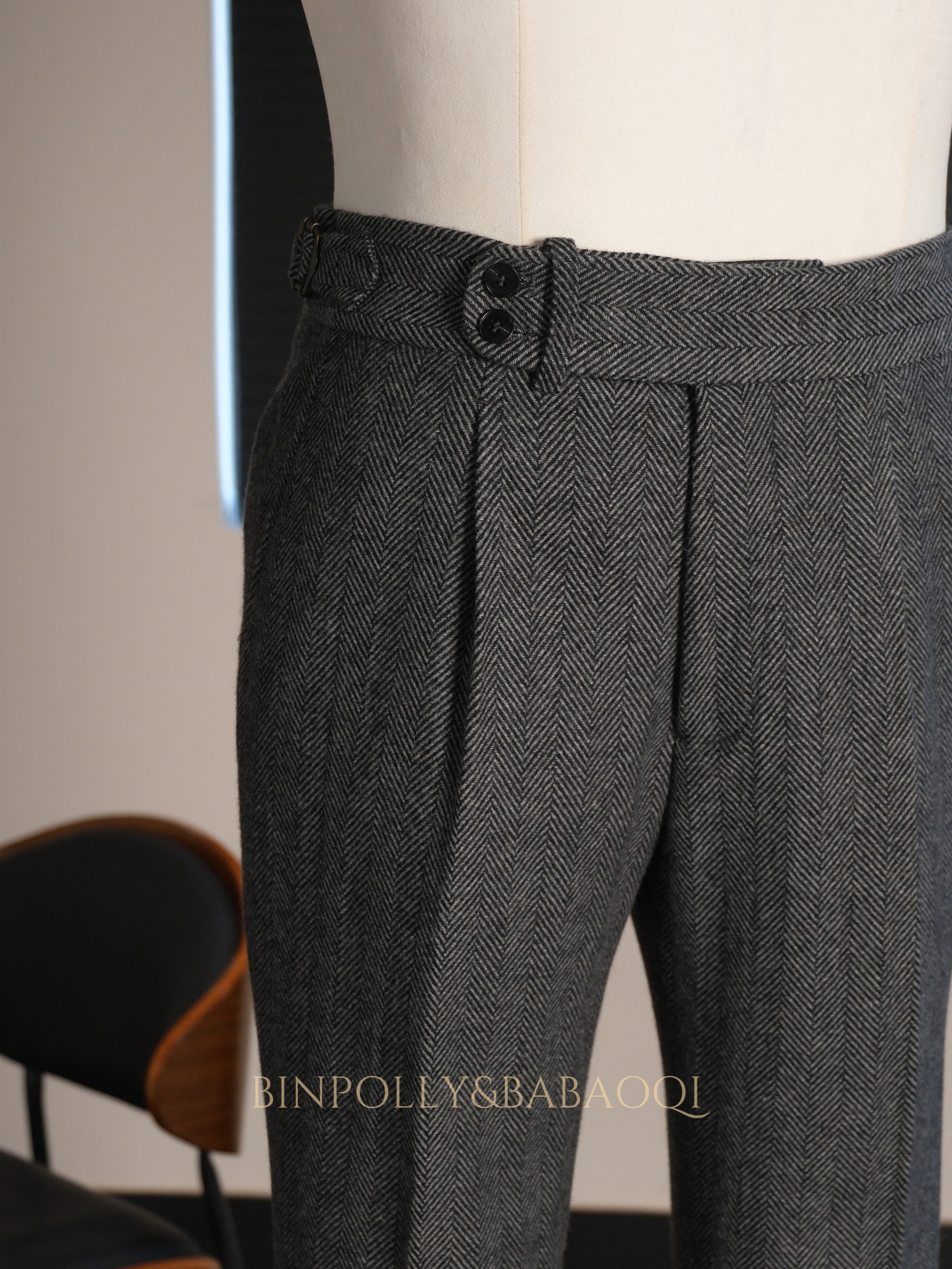 BABAOQI - Grey Herringbone 50% Wool 2 Piece Suit, Wide Peak Lapel Double Breasted Vintage Suit Set