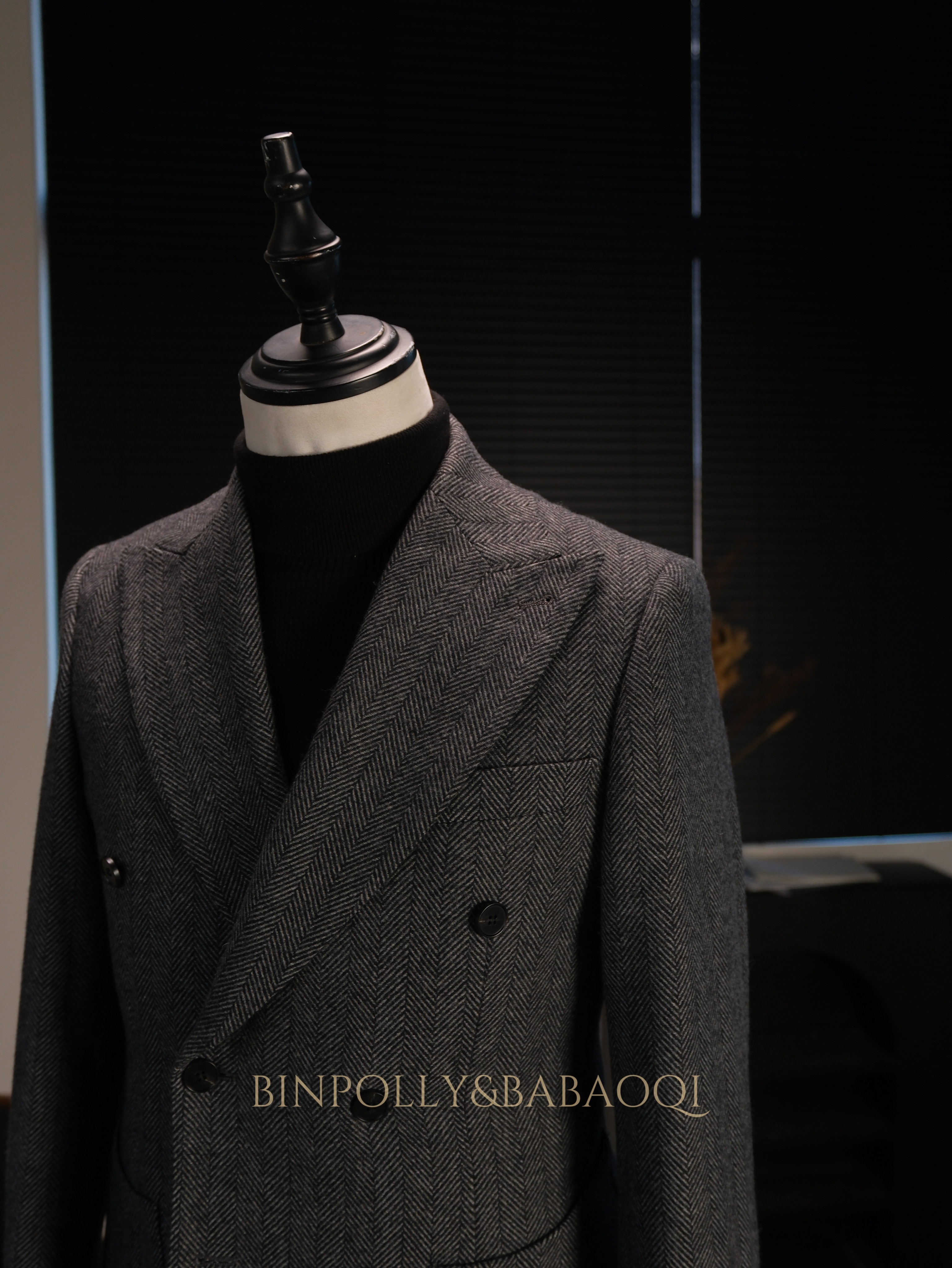 BABAOQI - Grey Herringbone 50% Wool 2 Piece Suit, Wide Peak Lapel Double Breasted Vintage Suit Set