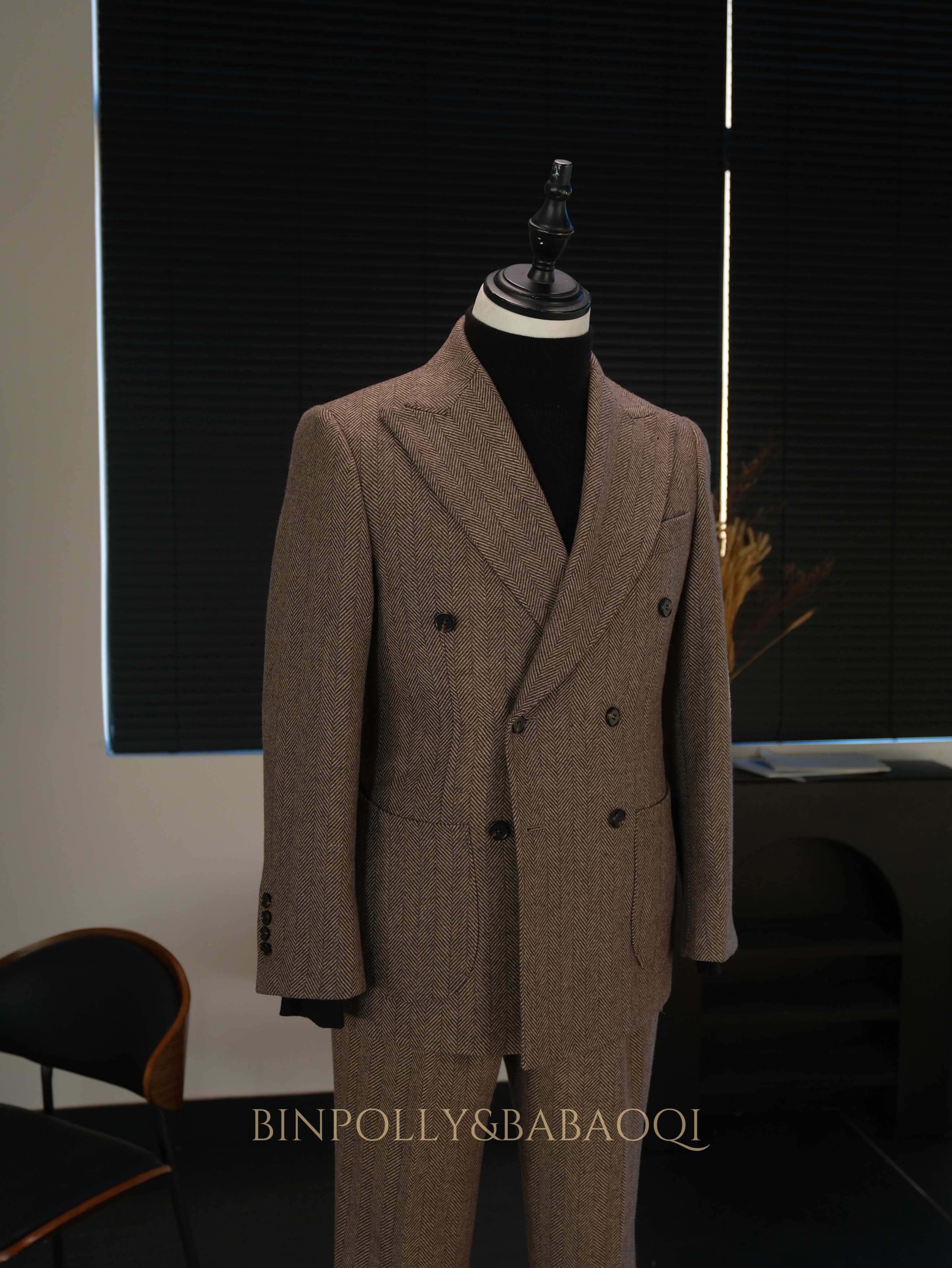 BABAOQI - Brown Herringbone 50% Wool 2 Piece Suit, Wide Peak Lapel Double Breasted Vintage Suit Set
