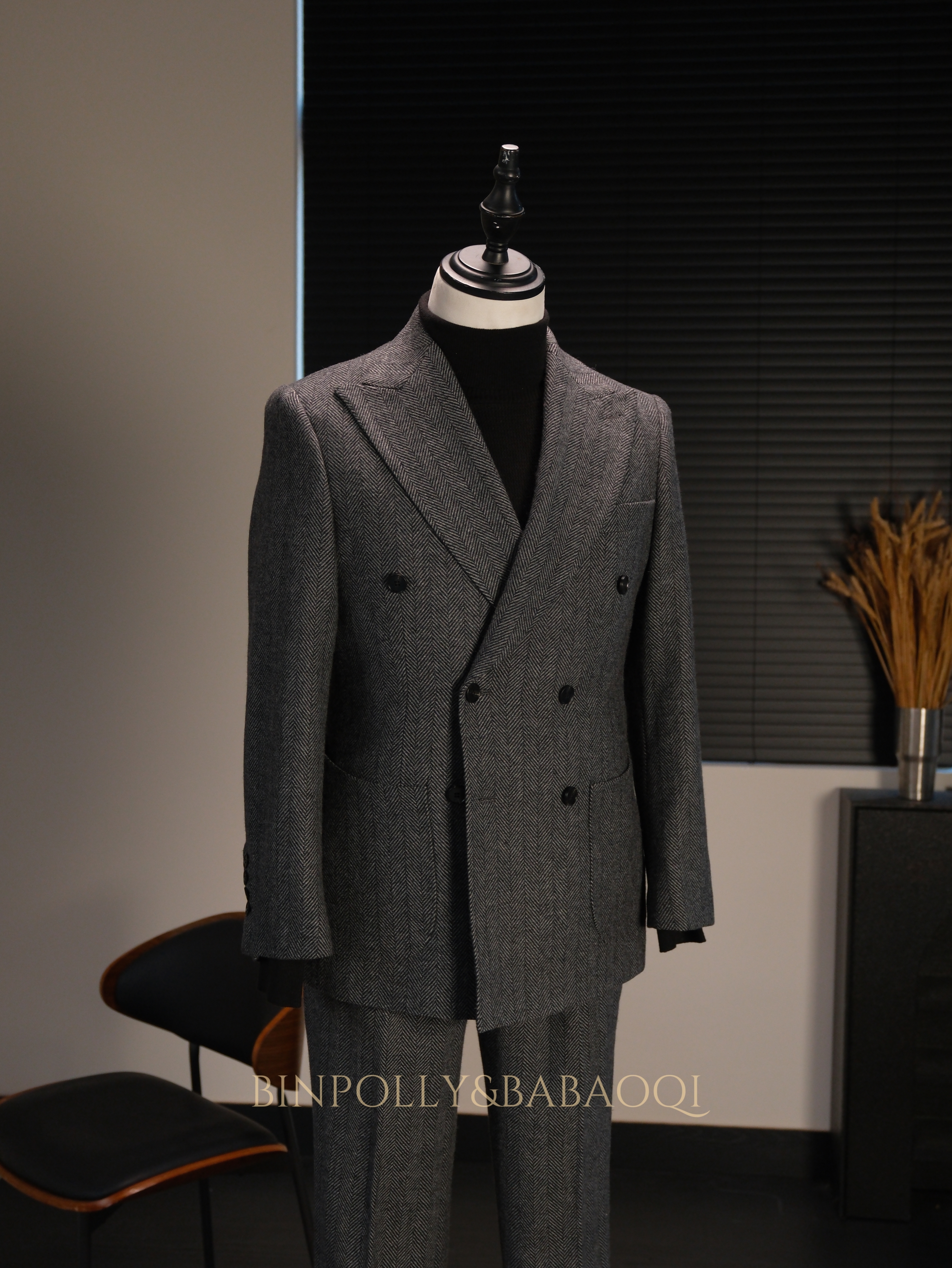 BABAOQI - Grey Herringbone 50% Wool 2 Piece Suit, Wide Peak Lapel Double Breasted Vintage Suit Set
