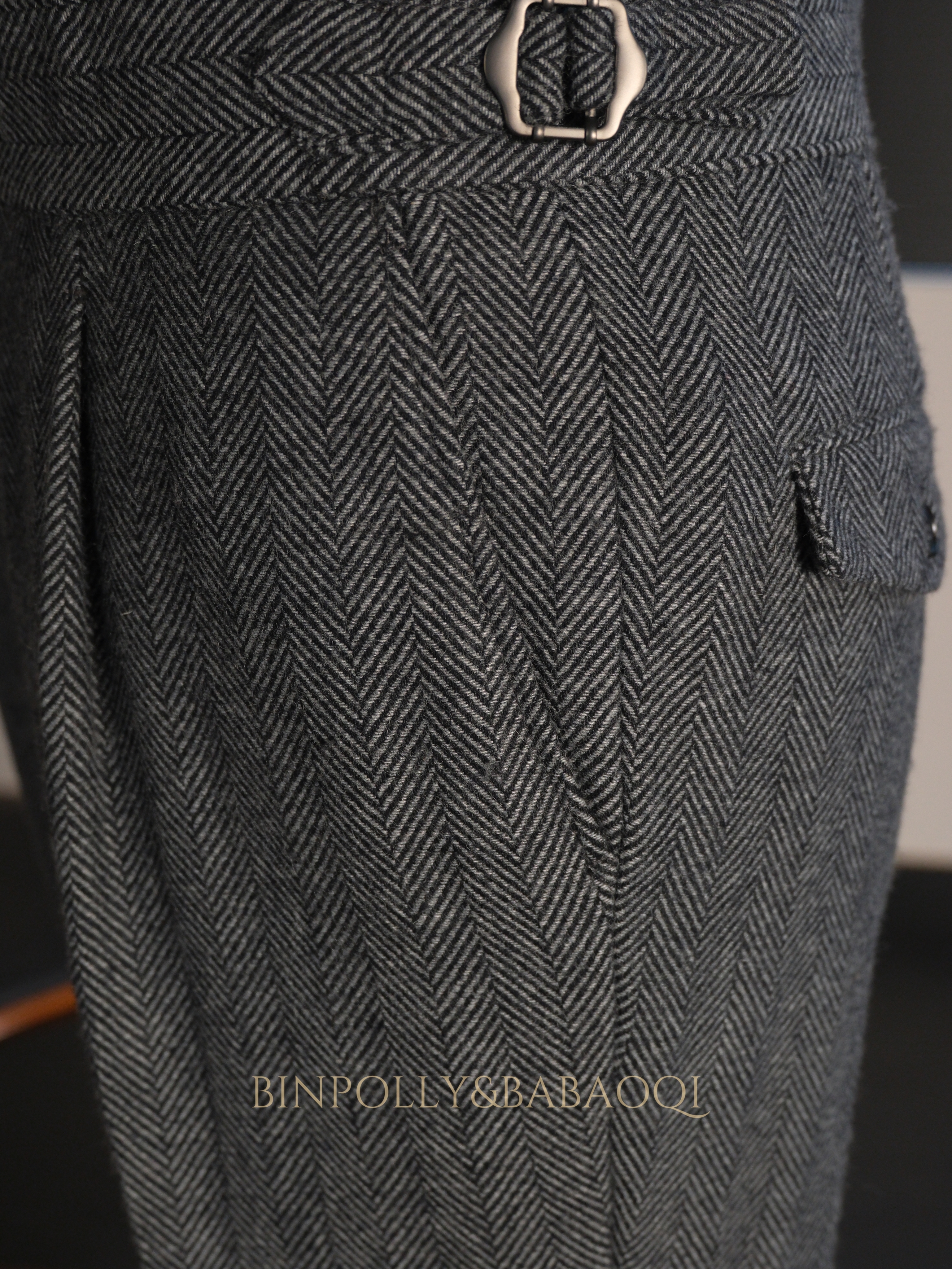 BABAOQI - Grey Herringbone 50% Wool 2 Piece Suit, Wide Peak Lapel Double Breasted Vintage Suit Set