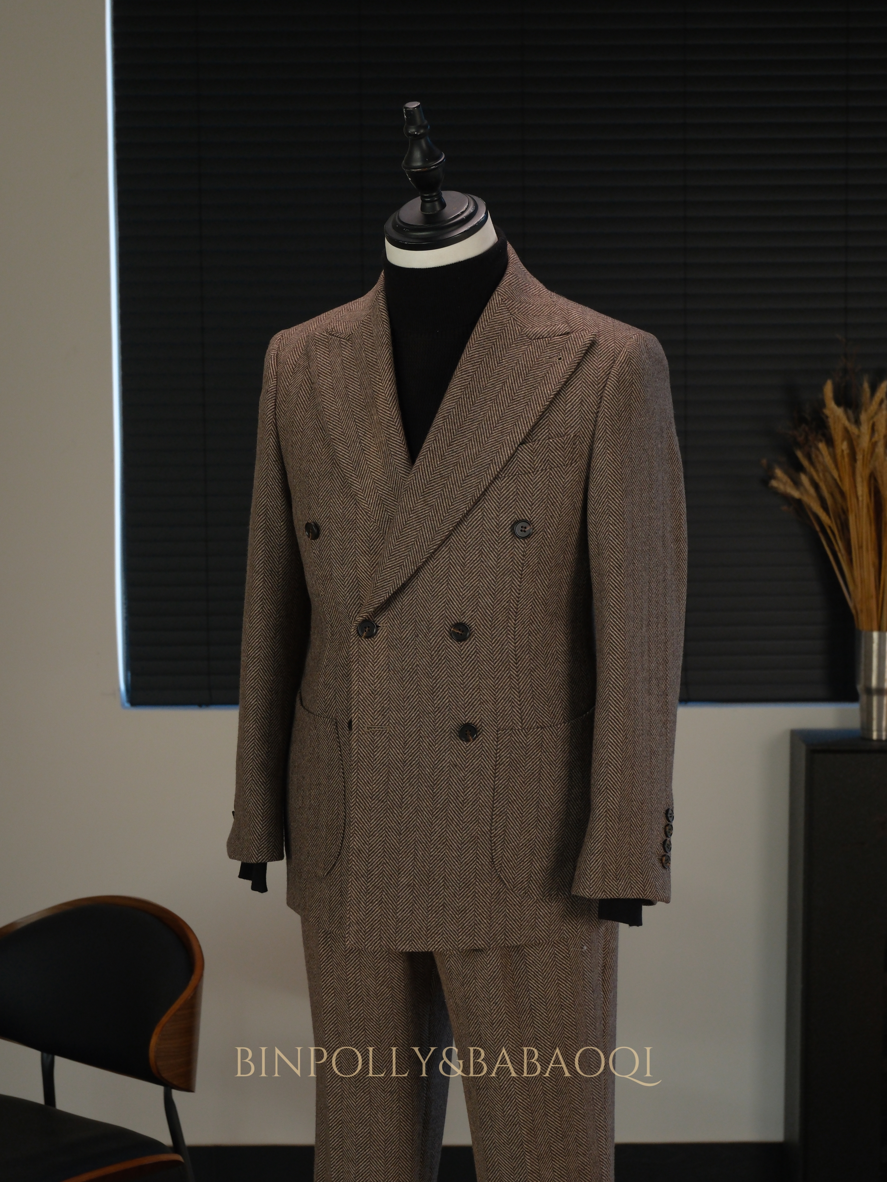 BABAOQI - Brown Herringbone 50% Wool 2 Piece Suit, Wide Peak Lapel Double Breasted Vintage Suit Set