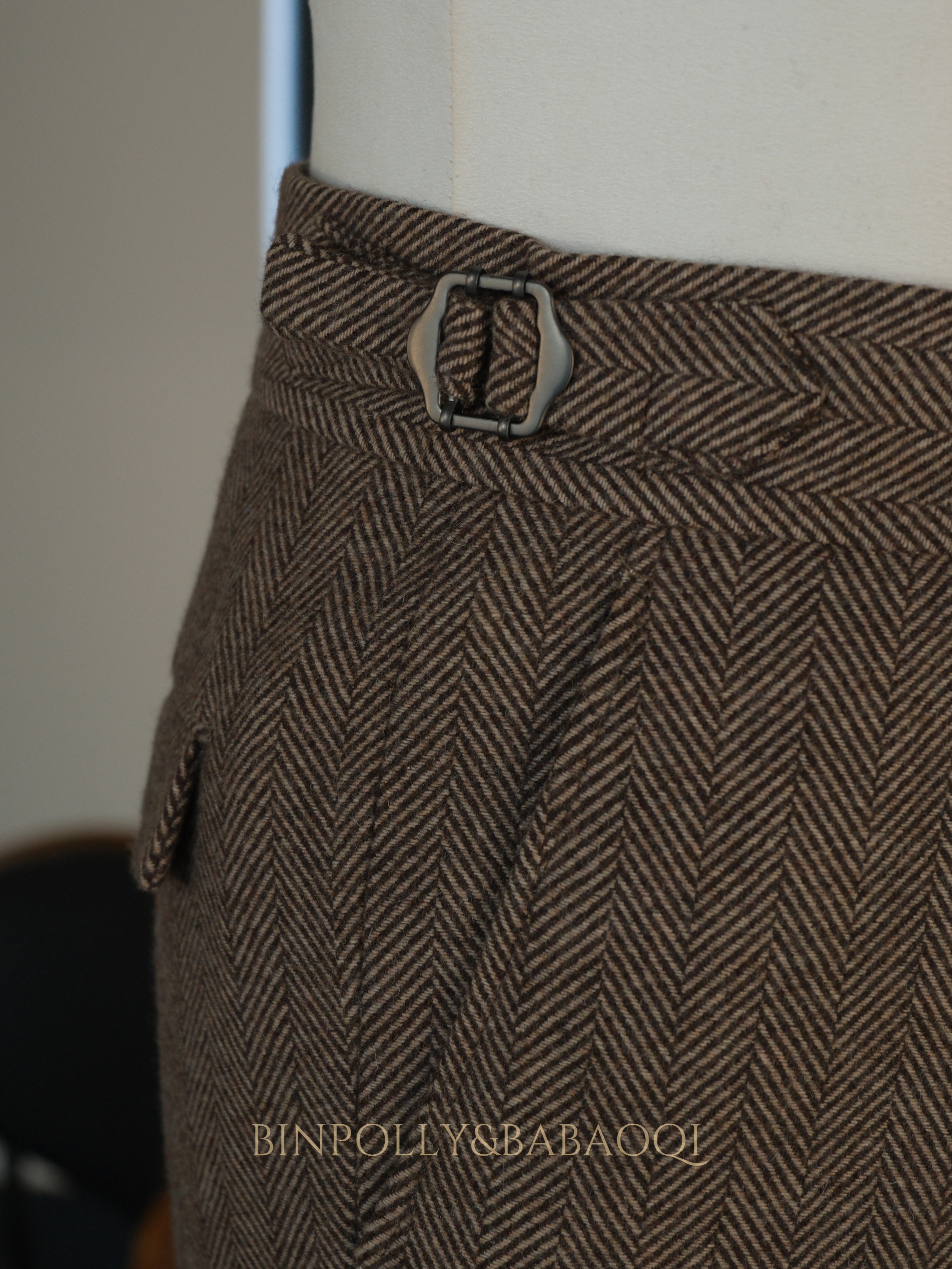 BABAOQI - Brown Herringbone 50% Wool 2 Piece Suit, Wide Peak Lapel Double Breasted Vintage Suit Set