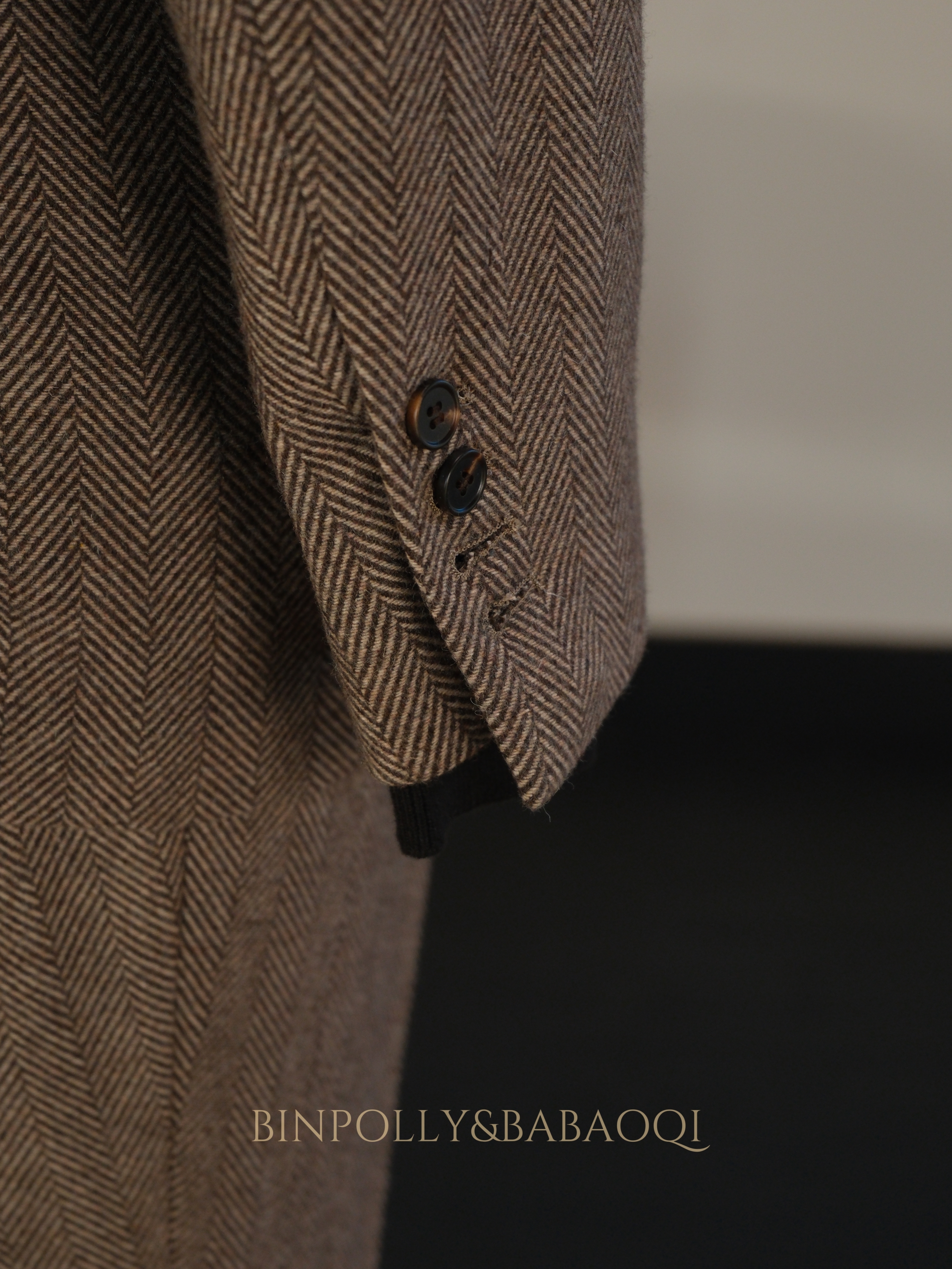 BABAOQI - Brown Herringbone 50% Wool 2 Piece Suit, Wide Peak Lapel Double Breasted Vintage Suit Set