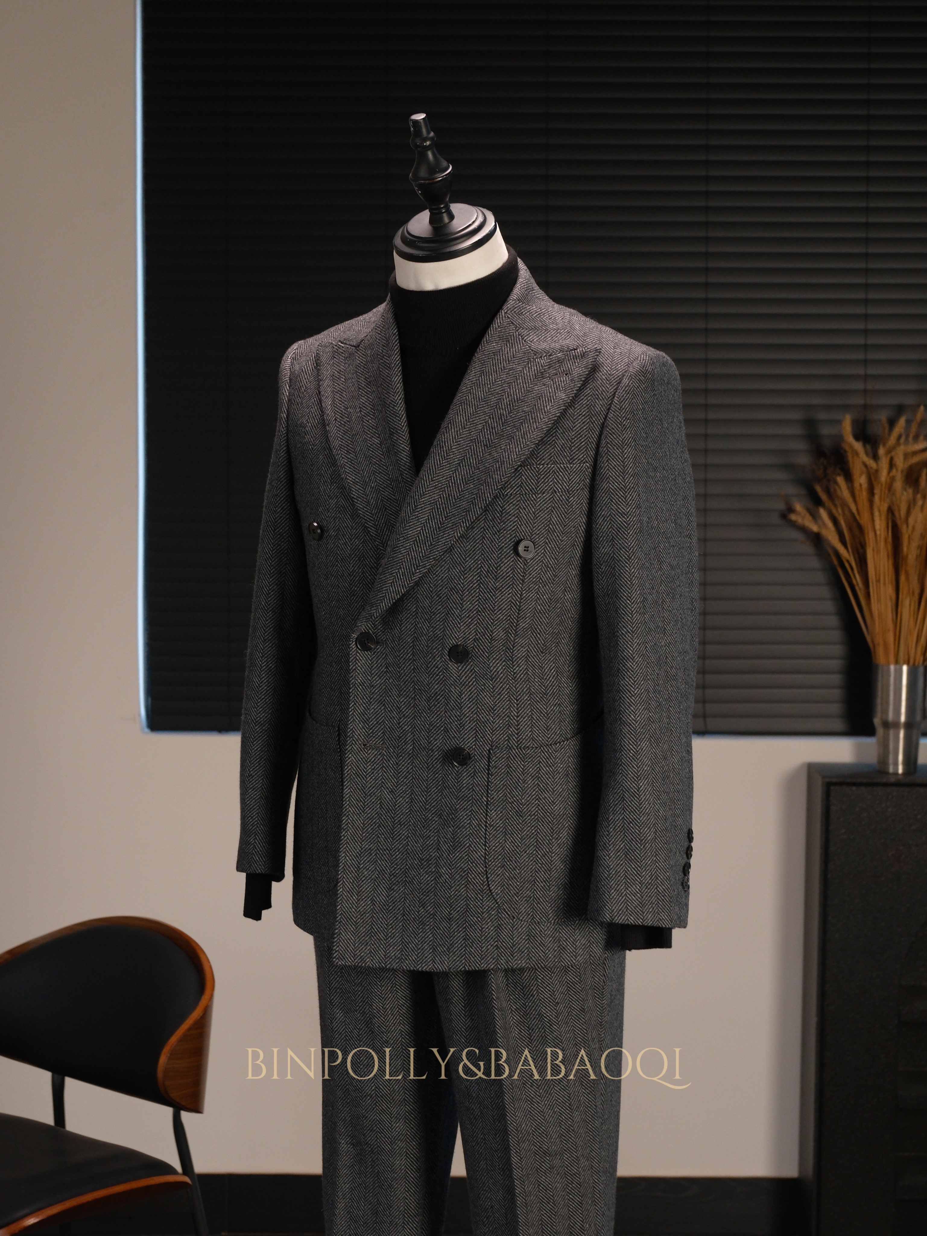 BABAOQI - Grey Herringbone 50% Wool 2 Piece Suit, Wide Peak Lapel Double Breasted Vintage Suit Set