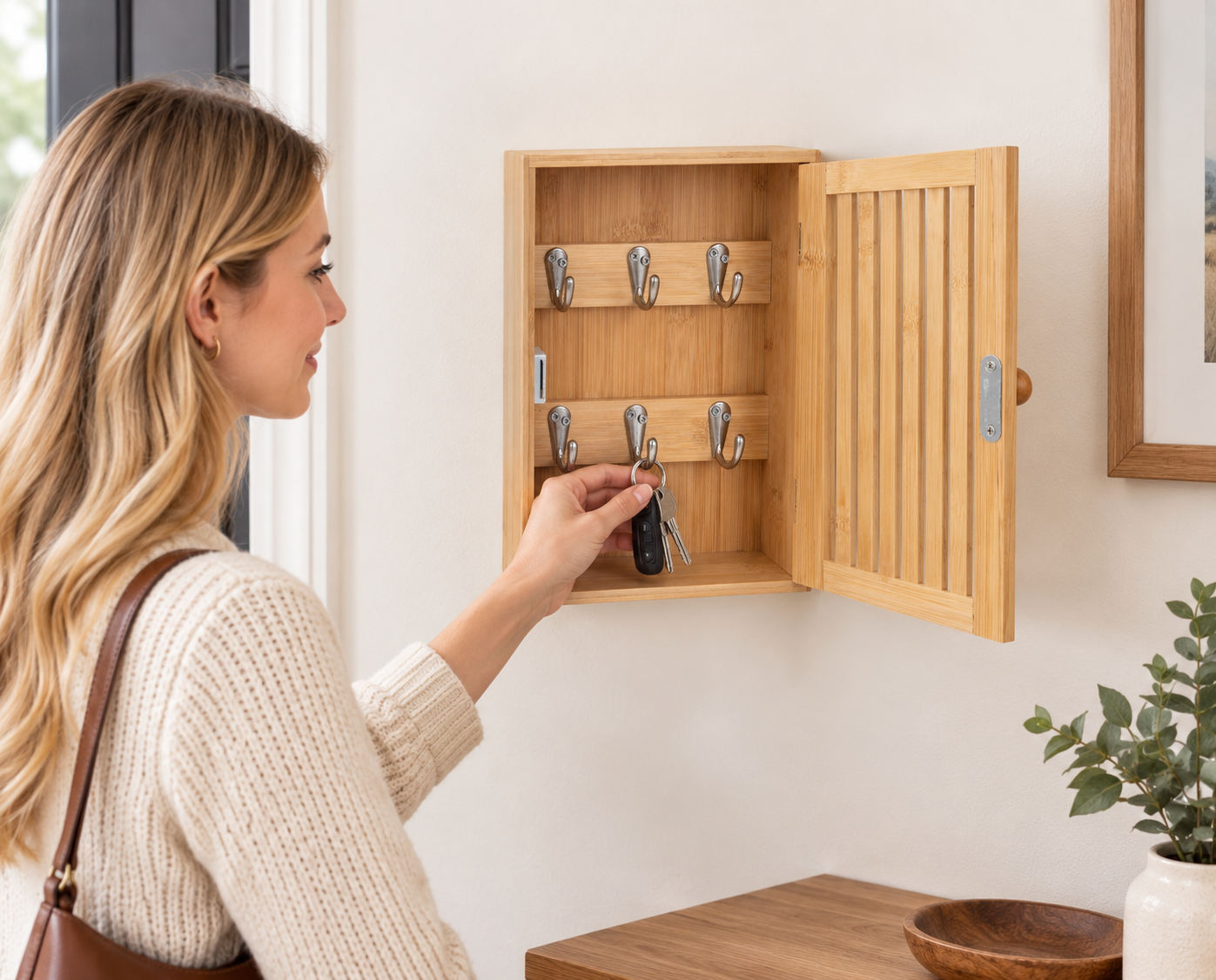 Natural Bamboo Wall-Mounted Key Cabinet with Slatted Door & Magnetic Lock,Winland,Modern Portable Galvanized Steel Medicine Storage Box with Dual Compartments